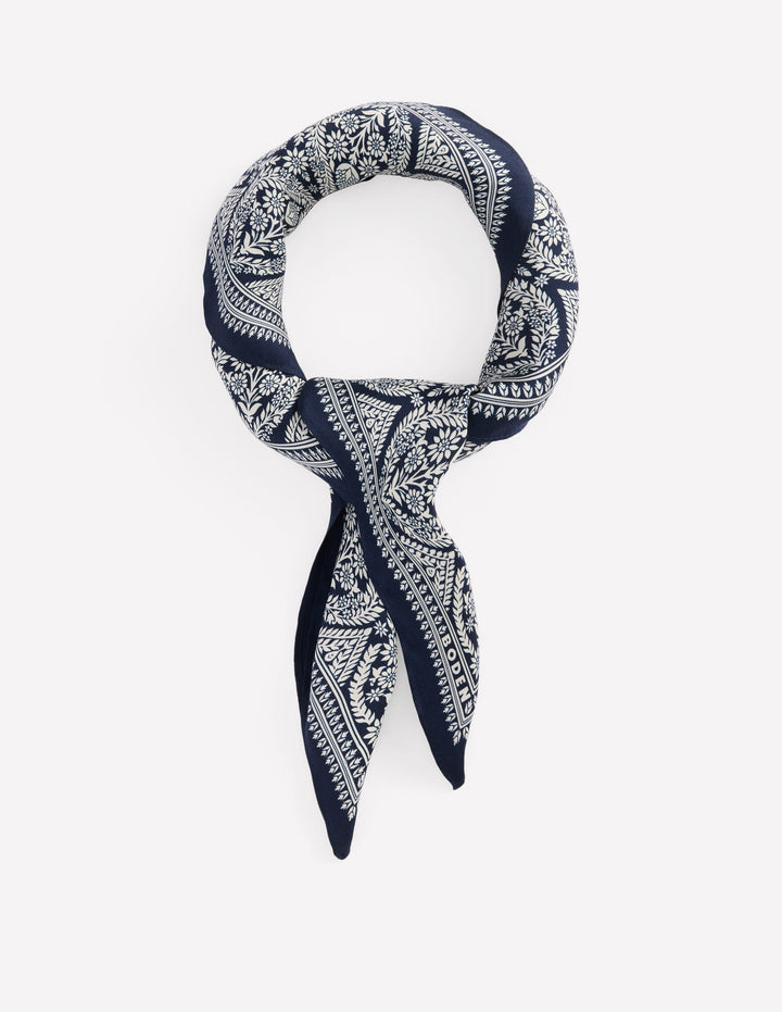 Elisabeth Silk Square Scarf-French Navy, Ornate Gardenia