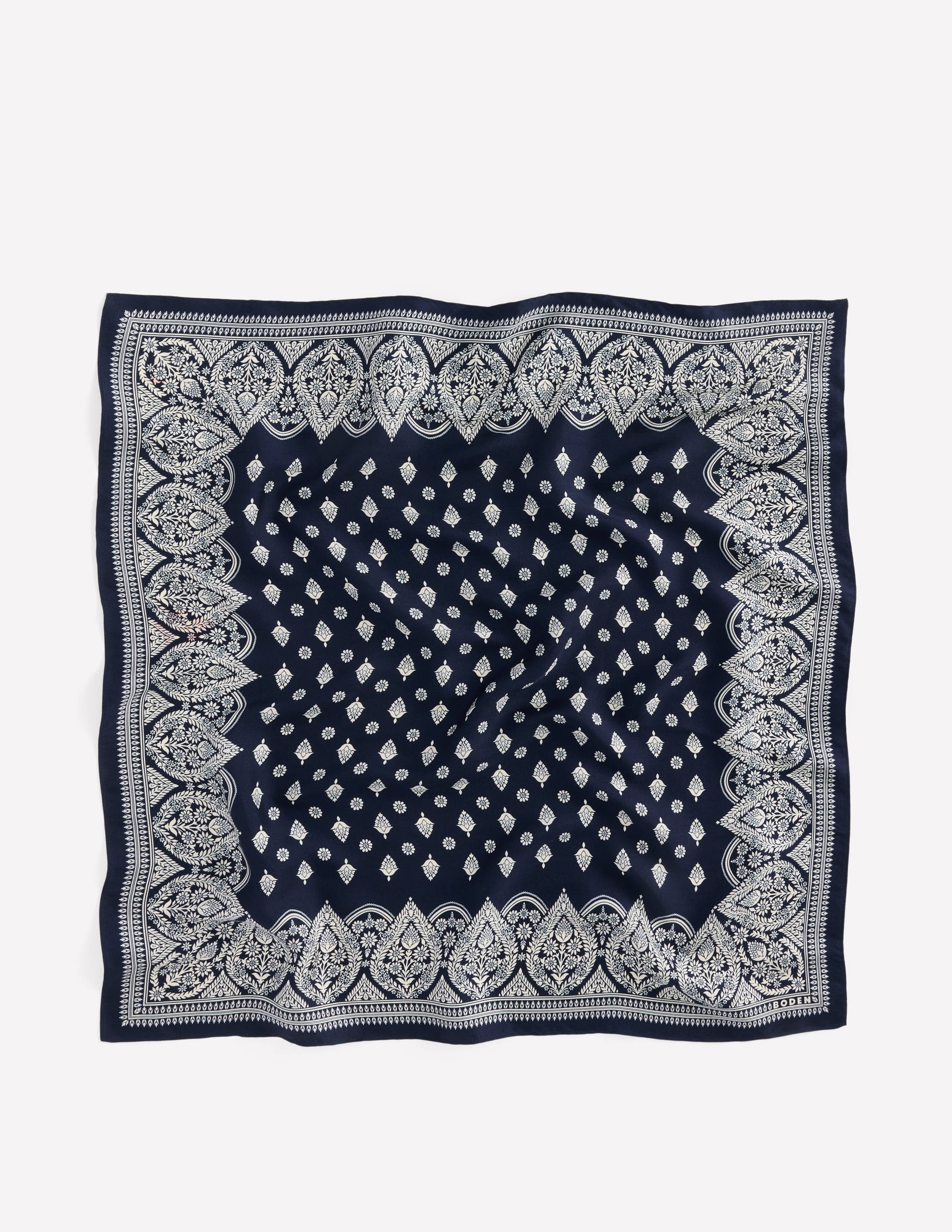 Elisabeth Silk Square Scarf-French Navy, Ornate Gardenia-4