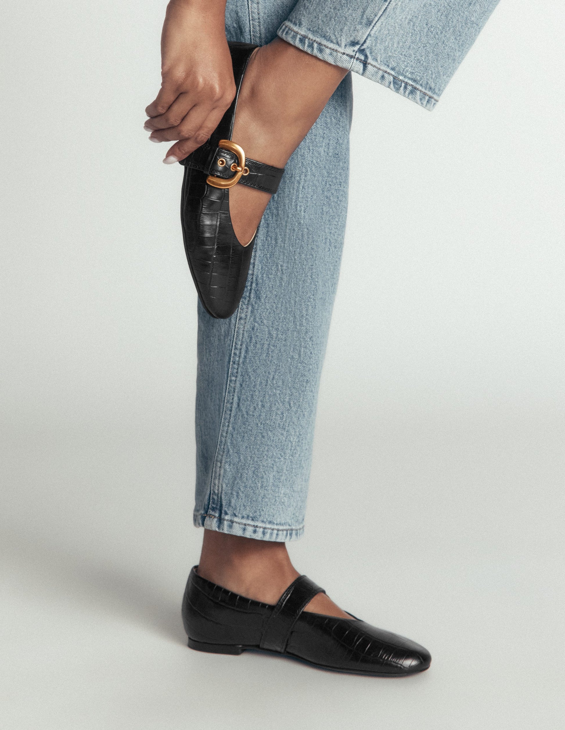 Kylie Flat Buckle Mary Janes-Black Croc Embossed-3