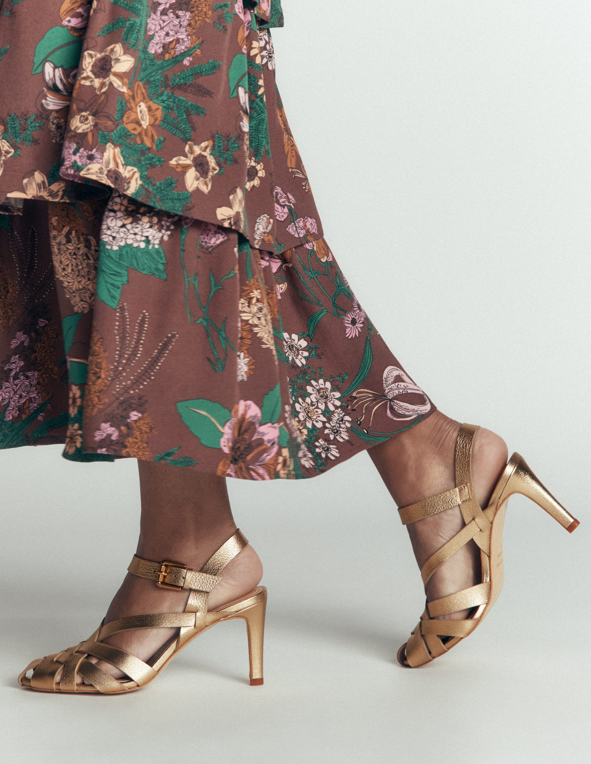 Slotted Strap Heeled Sandals-Gold-1