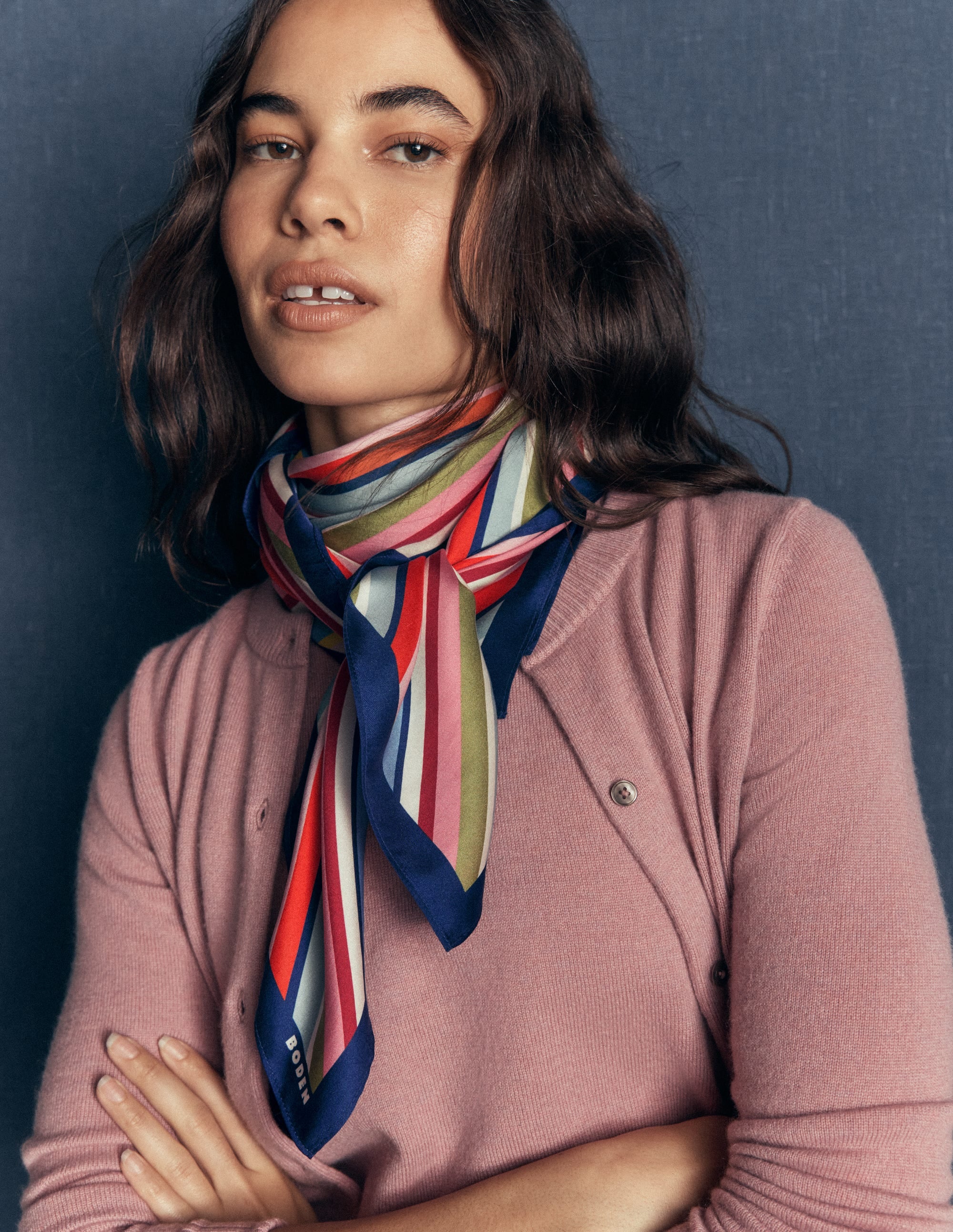 Elisabeth Large Silk Scarf-Multi, Diagonal Rainbow Stripe - Image 1