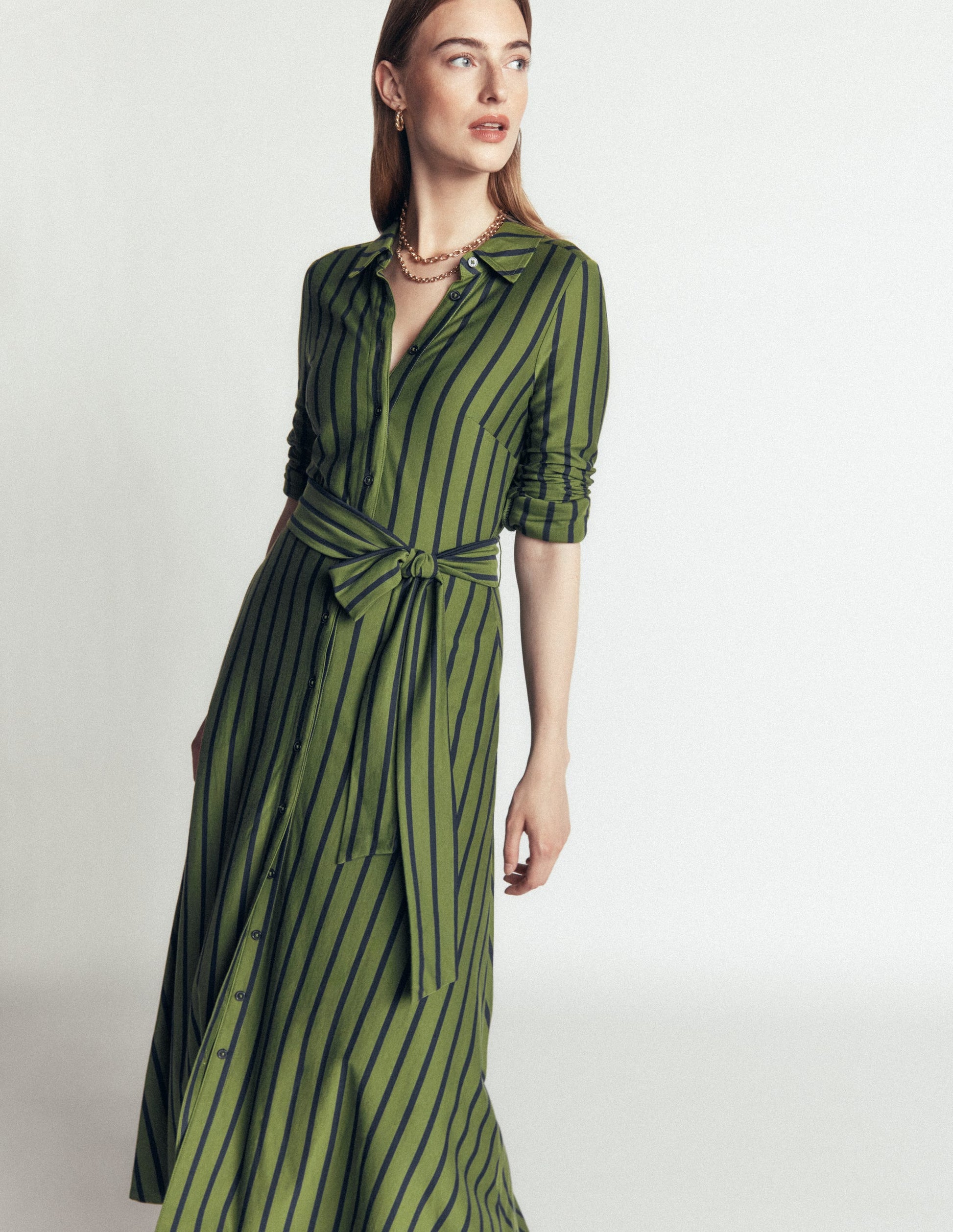 Marcia Jersey Shirt Dress-Chive and Navy Stripe-1