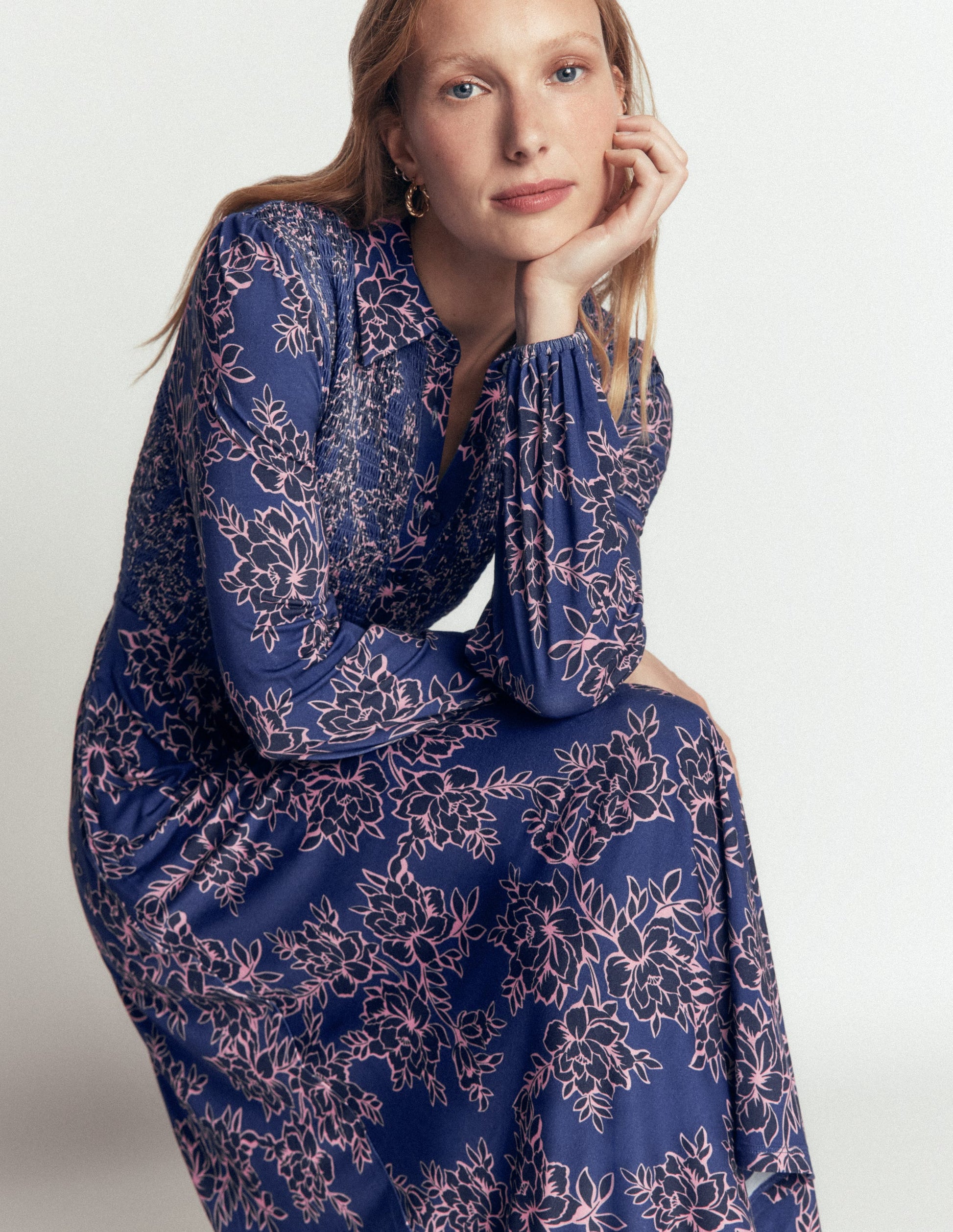 Smocked Jersey Dress-Denim Blue, Enchanted Peony-2