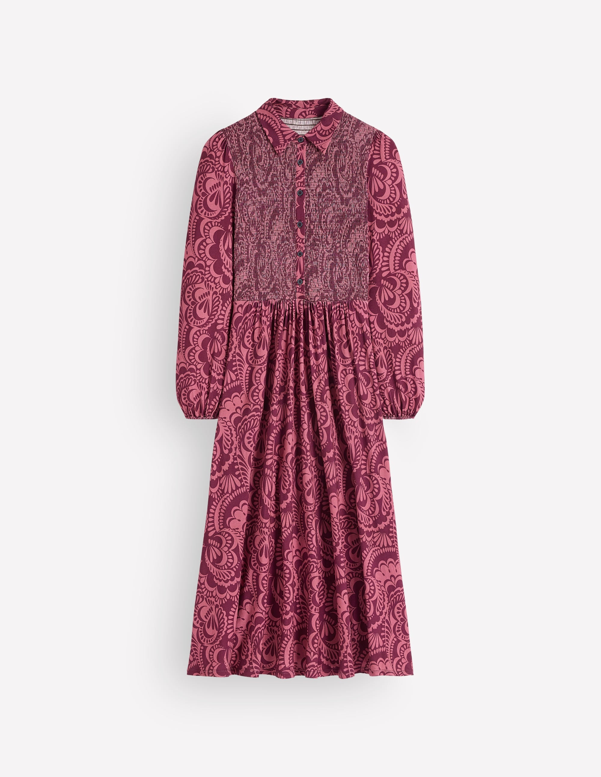 Camilla Smocked Jersey Dress-Maroon, Flourishing Medley - Image 6