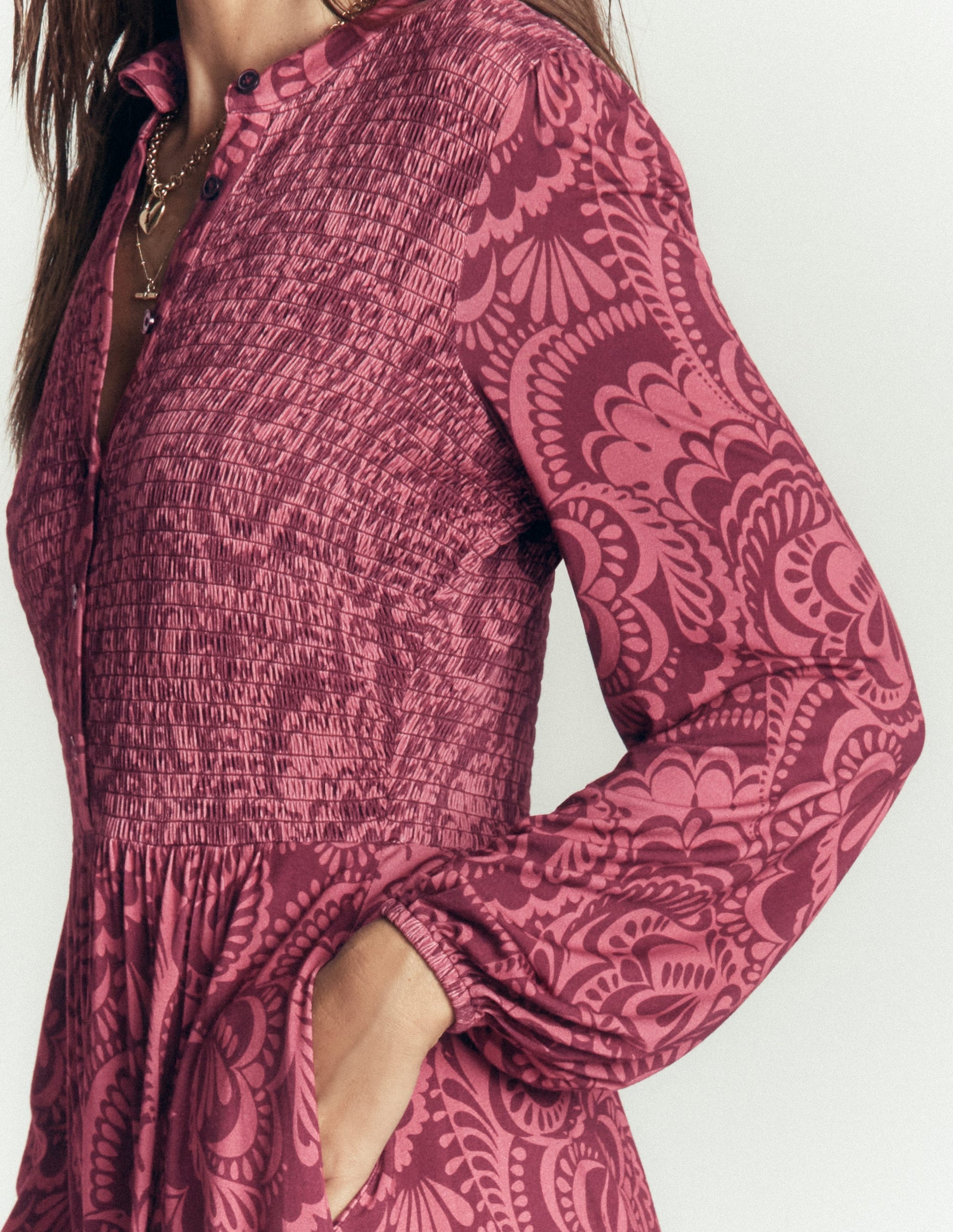 Camilla Smocked Jersey Dress-Maroon, Flourishing Medley-2