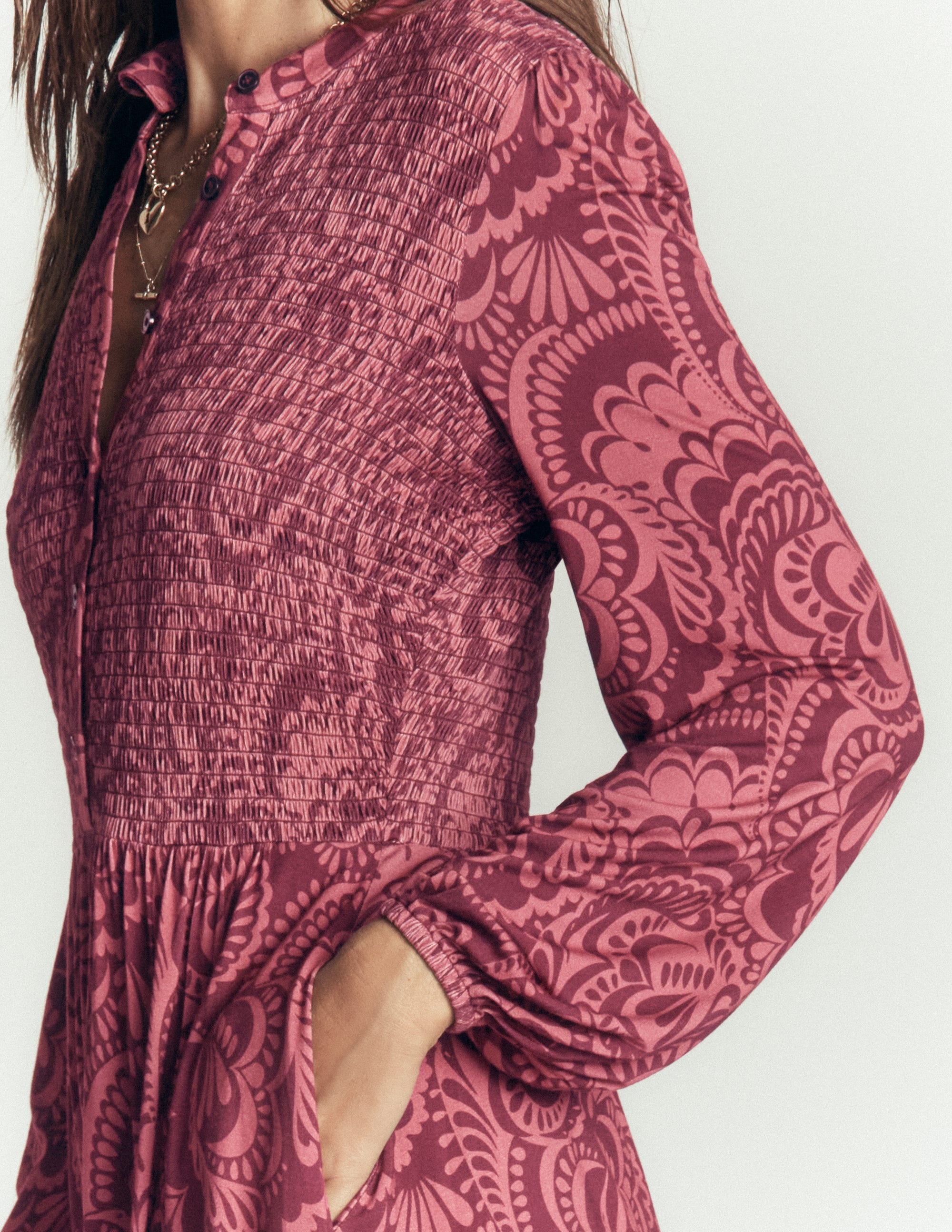 Smocked Jersey Dress-Maroon, Flourishing Medley - Image 2