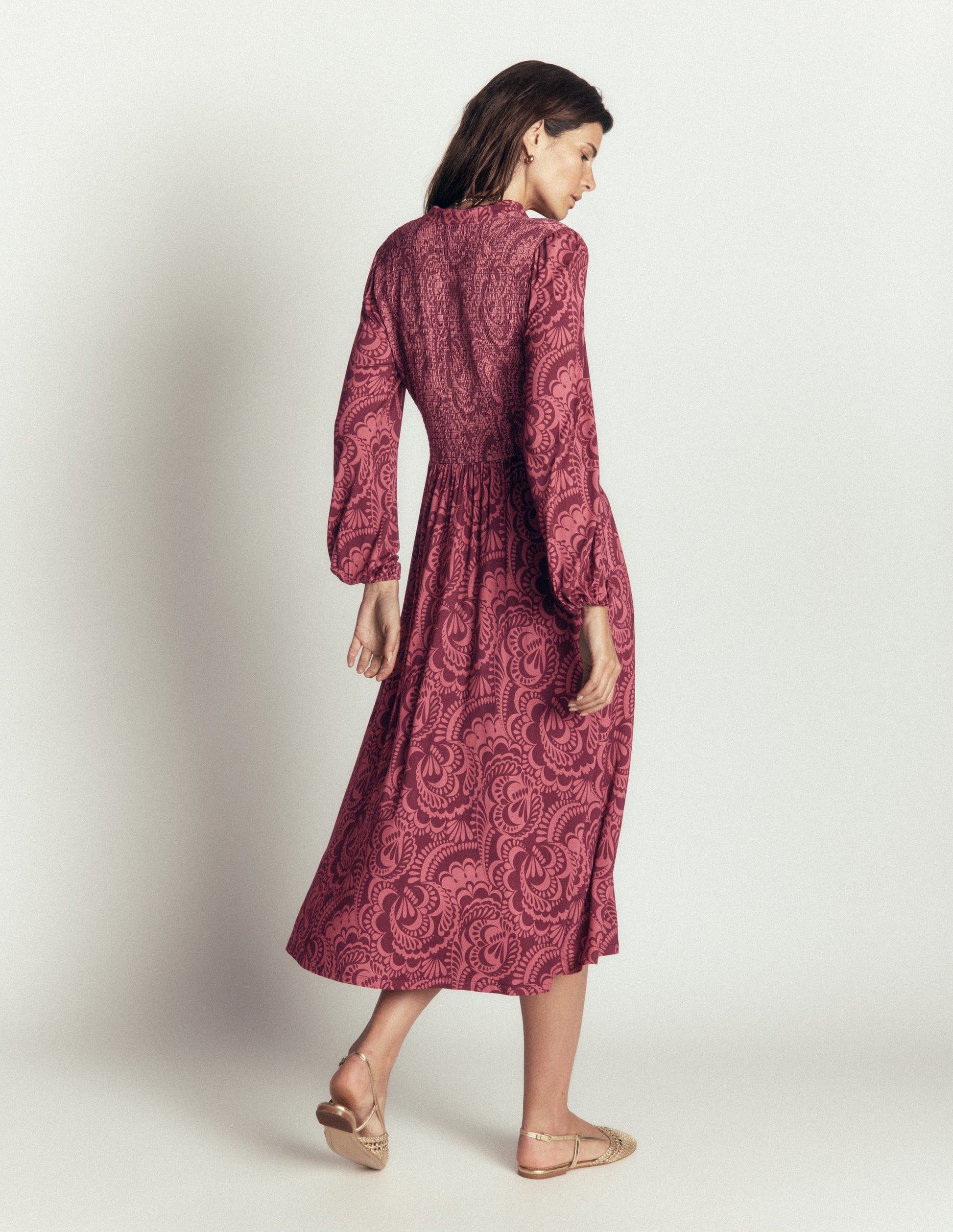 Smocked Jersey Dress-Maroon, Flourishing Medley-3
