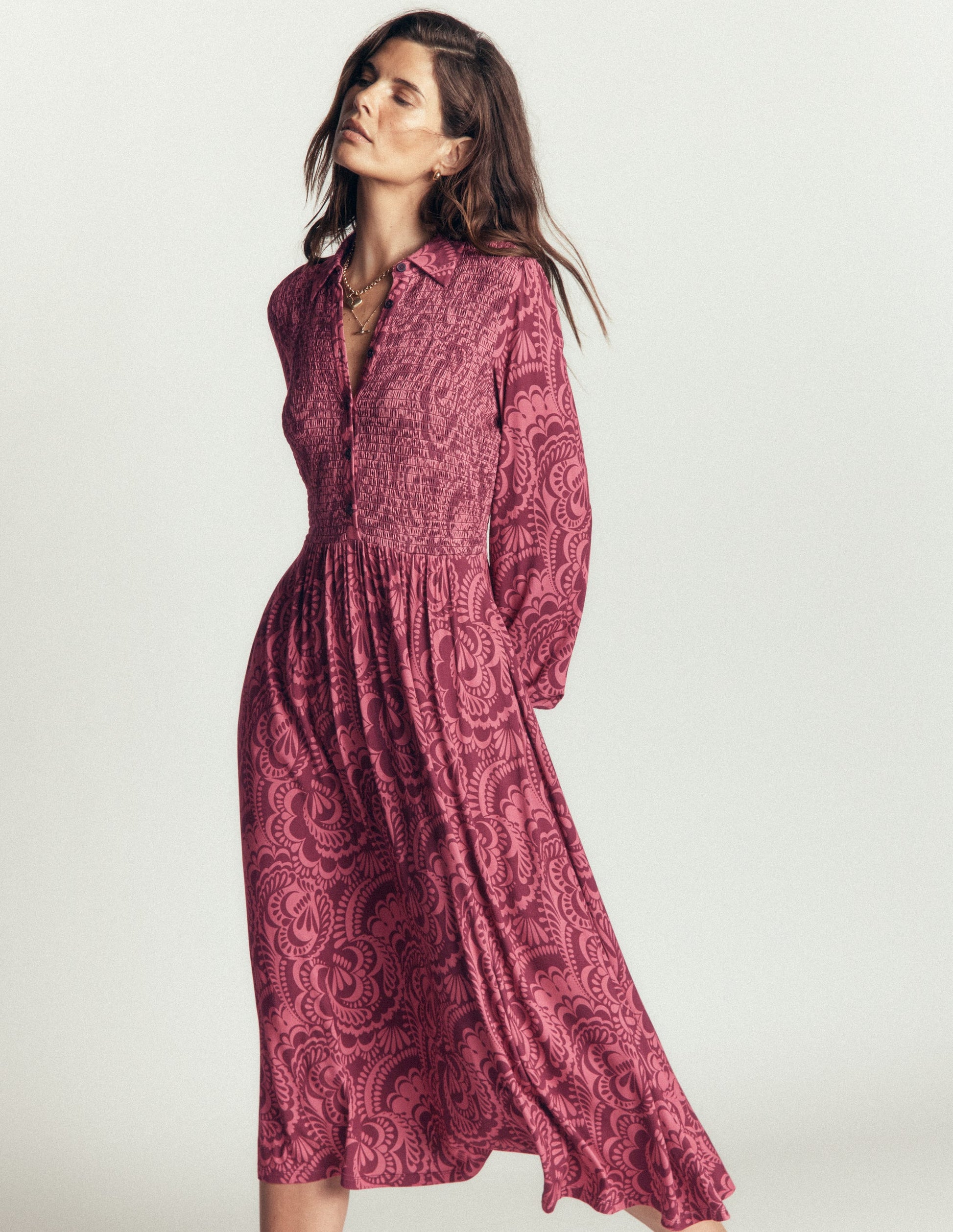 Camilla Smocked Jersey Dress-Maroon, Flourishing Medley-4