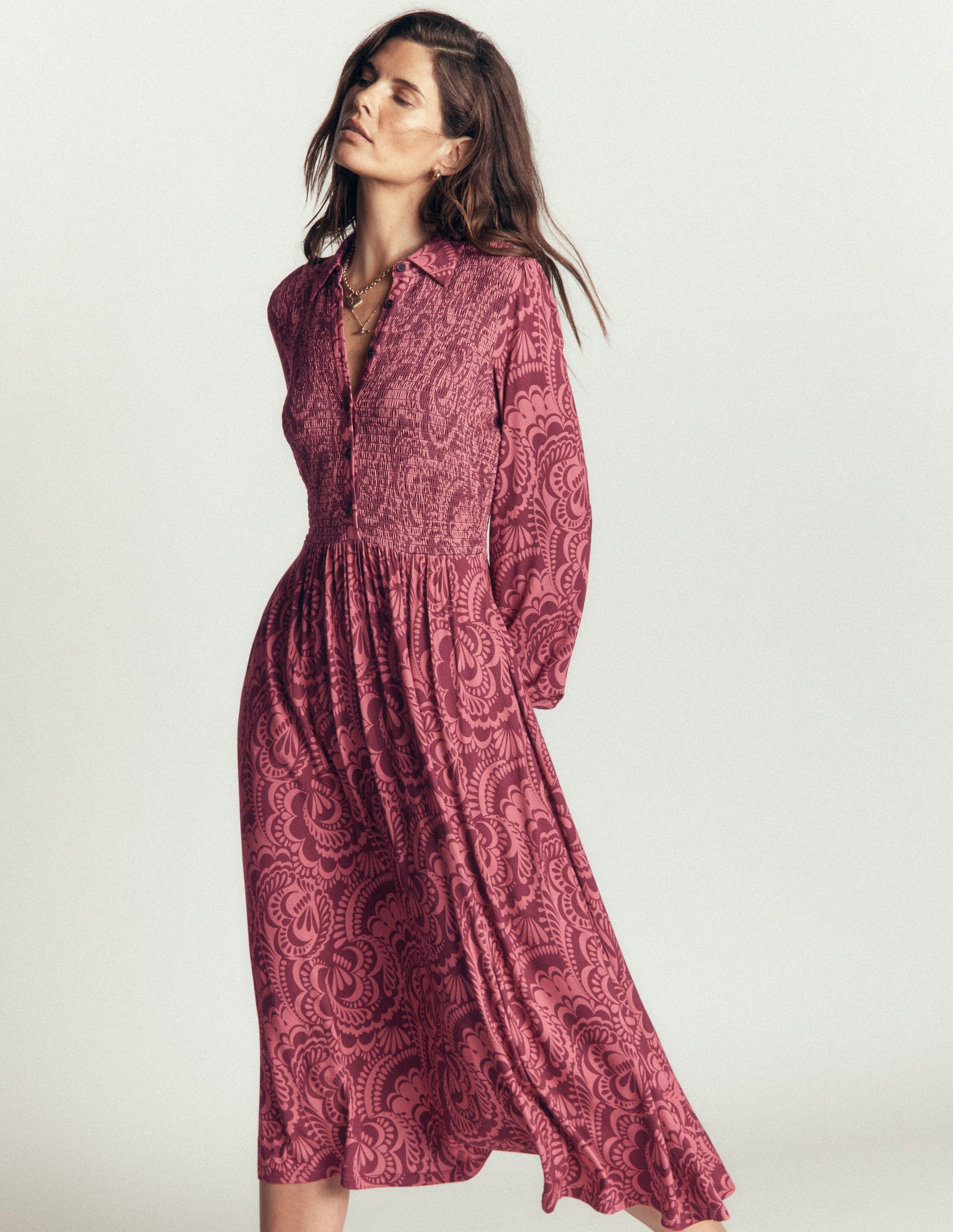 Smocked Jersey Dress-Maroon, Flourishing Medley-4