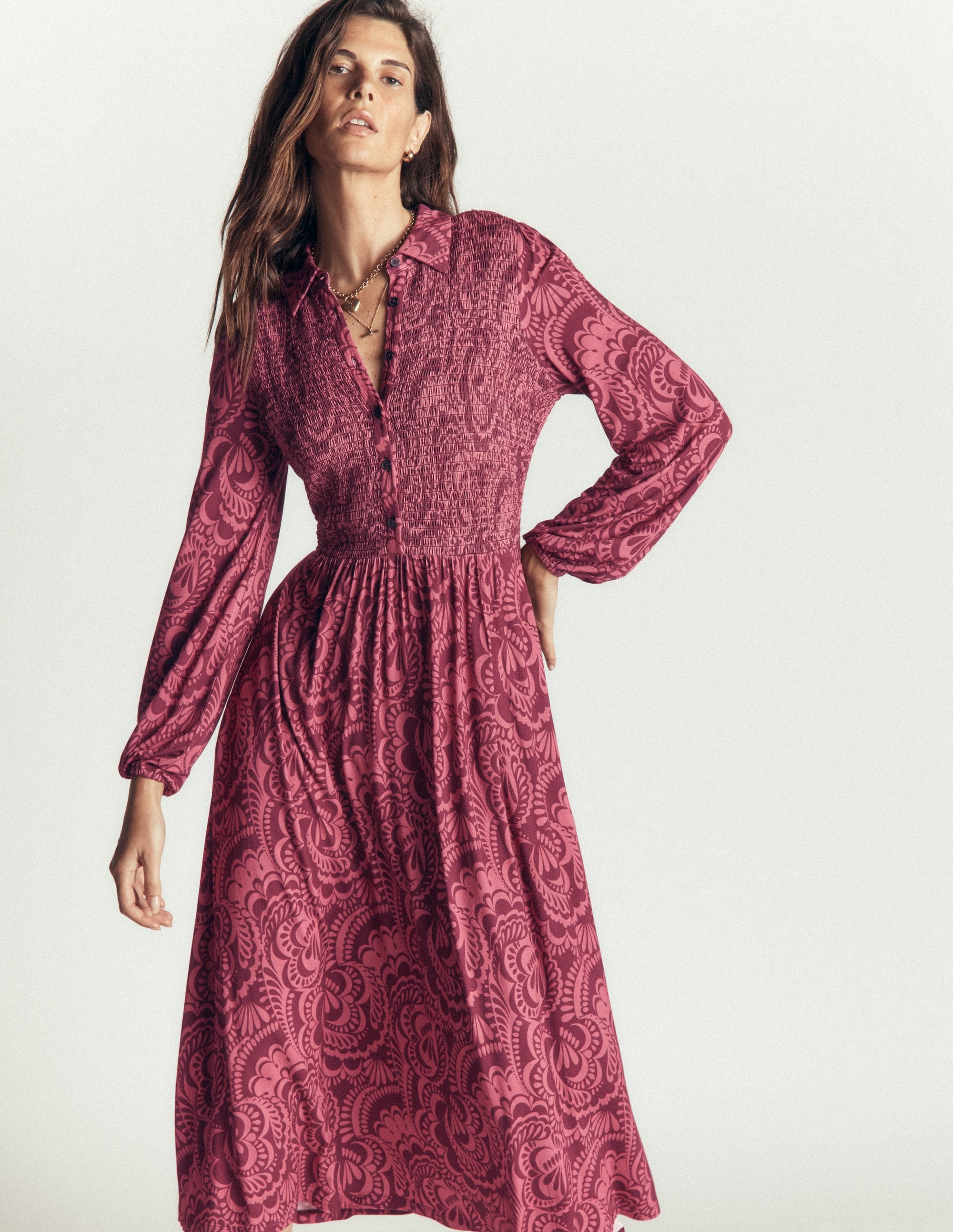 Camilla Smocked Jersey Dress-Maroon, Flourishing Medley - Image 5