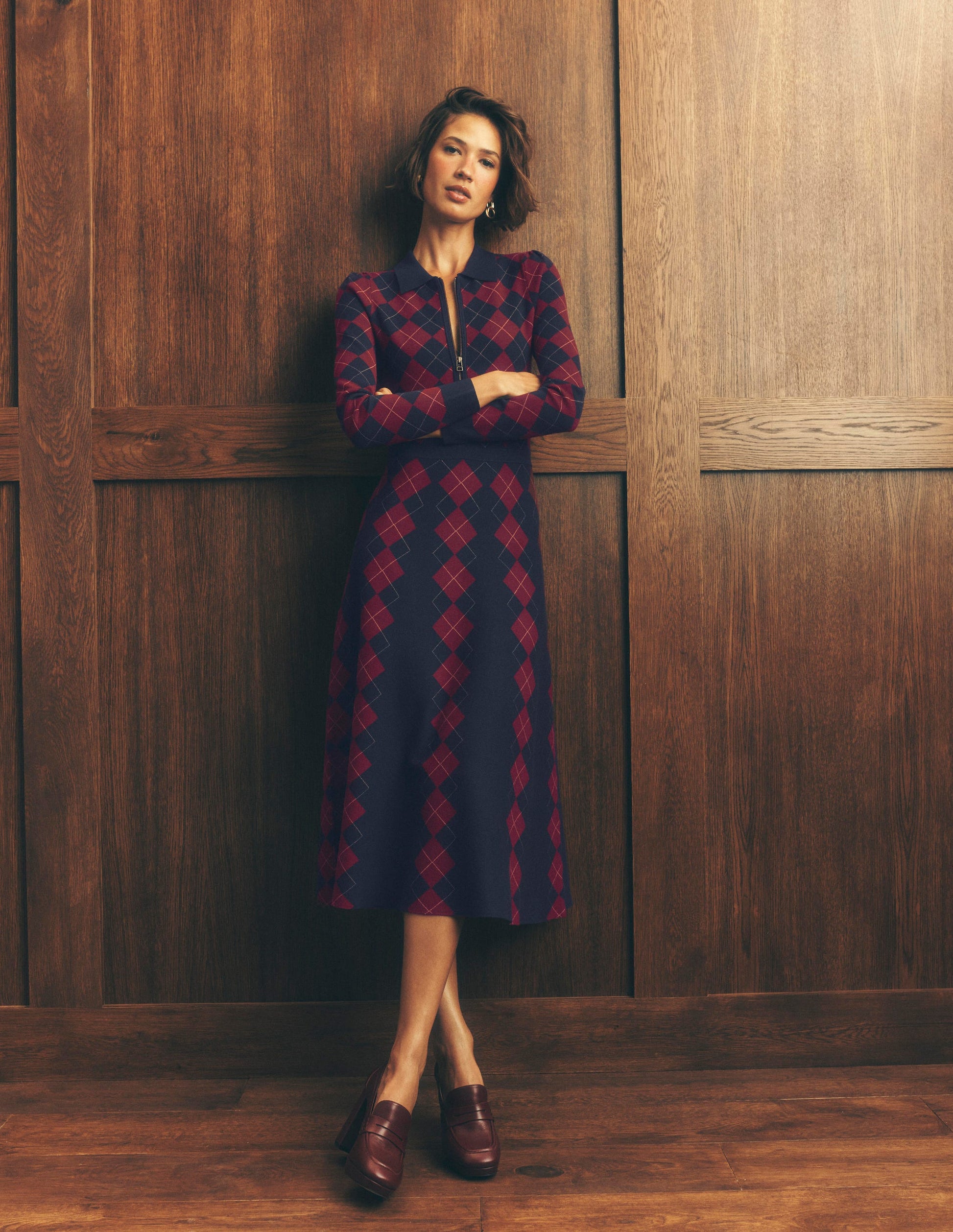 Fiona Zip Front Knitted Dress-Navy and Maroon Argyle-1