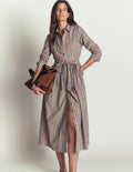 Alexa Cotton Midi Shirt Dress-Camel, Navy Tram Stripe
