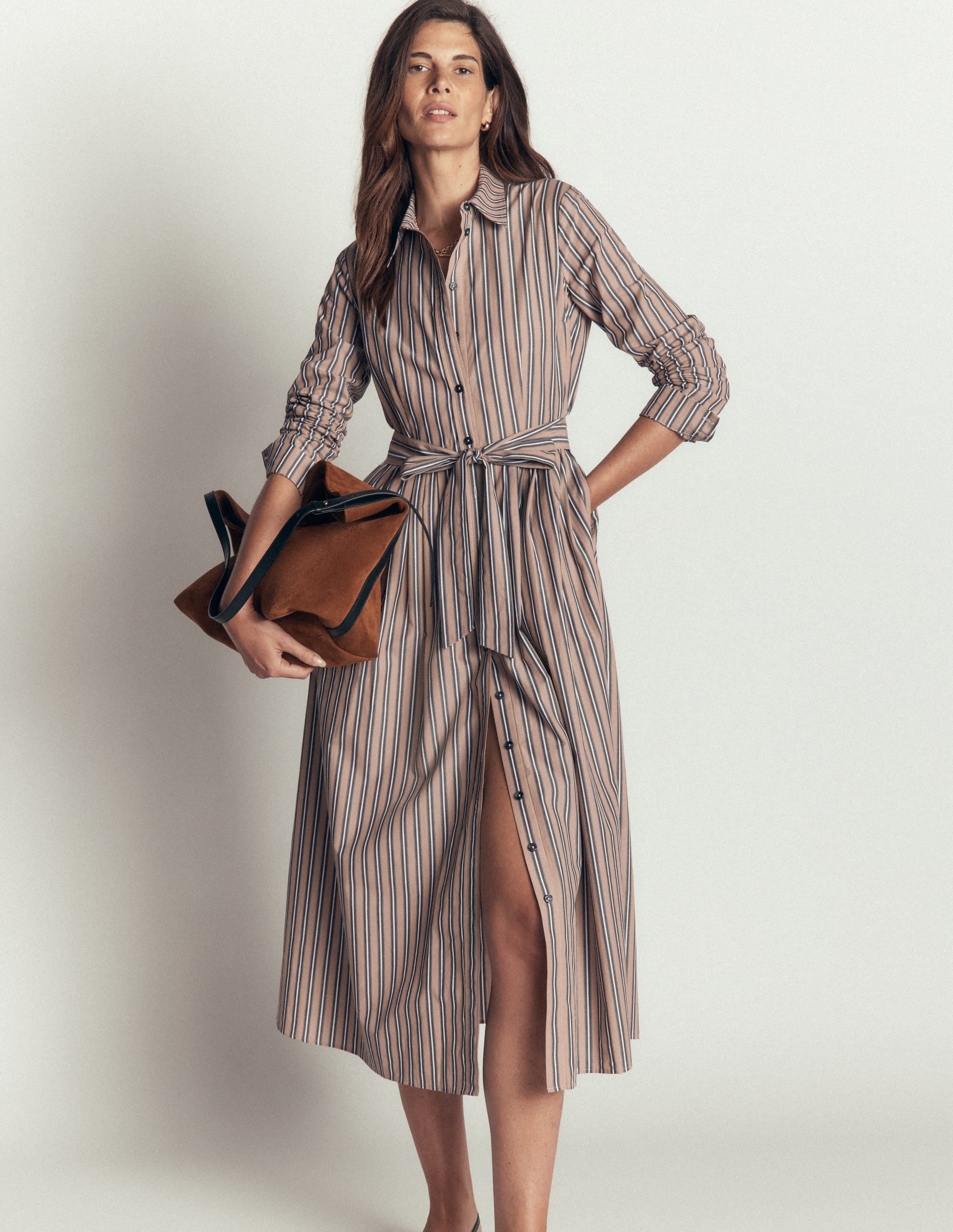 Alexa Cotton Midi Shirt Dress-Camel, Navy Tram Stripe - Image 1
