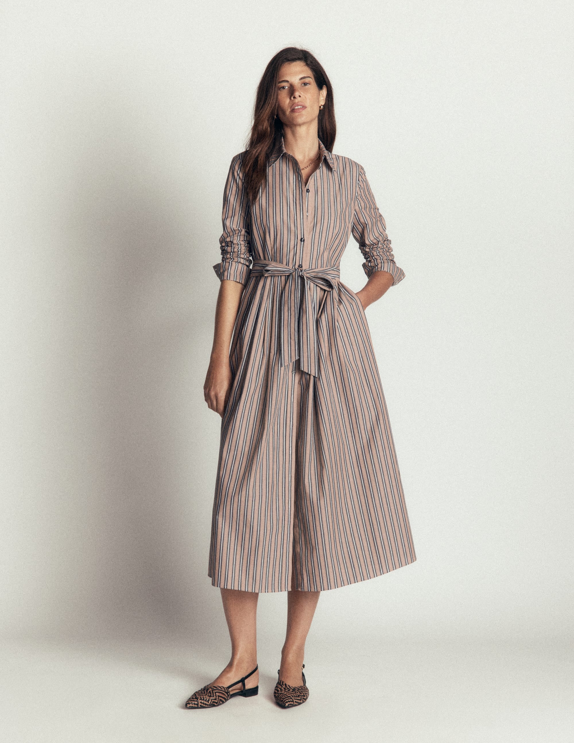 Alexa Cotton Midi Shirt Dress-Camel, Navy Tram Stripe - Image 6