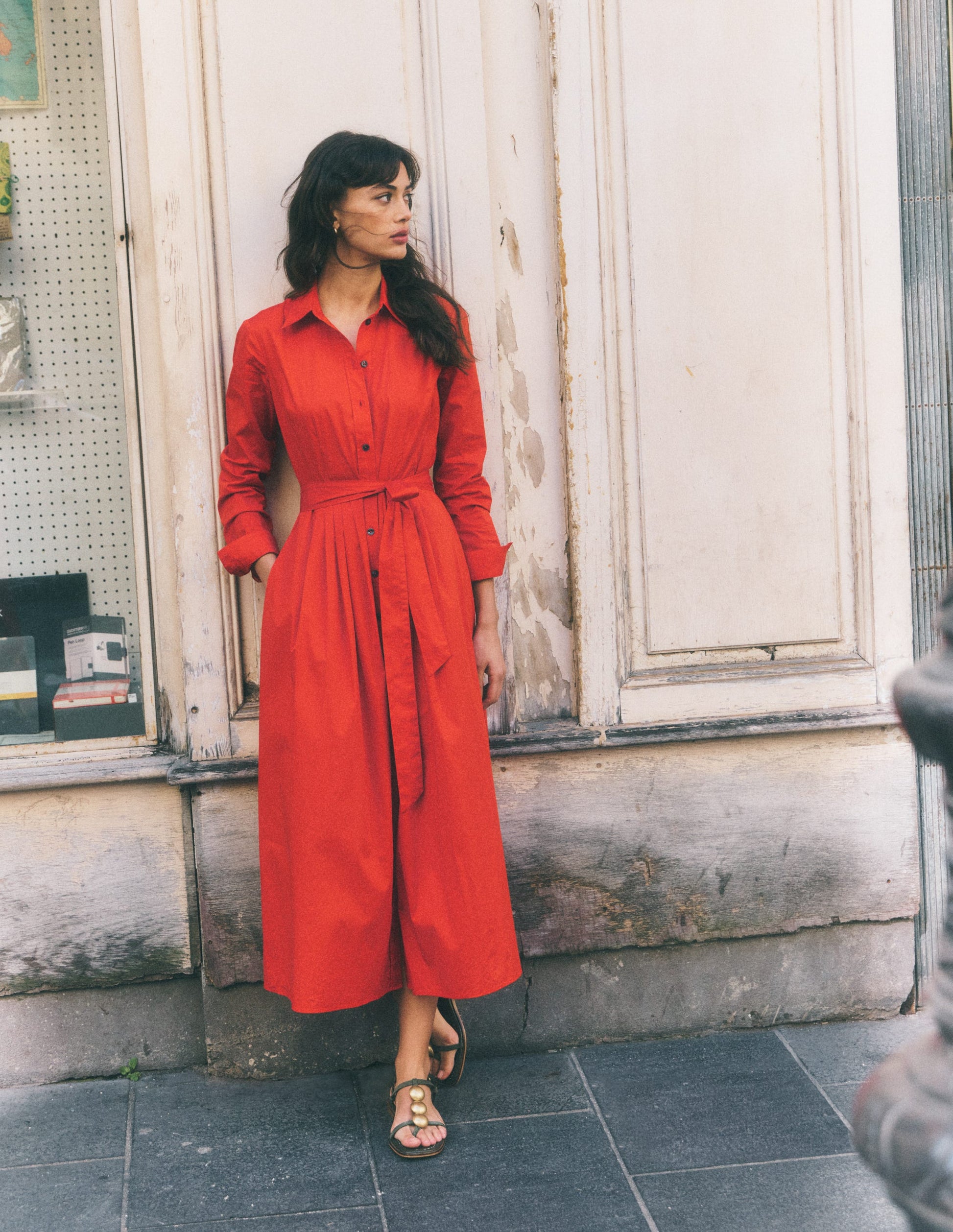 Alexa Cotton Midi Shirt Dress - Blood Orange