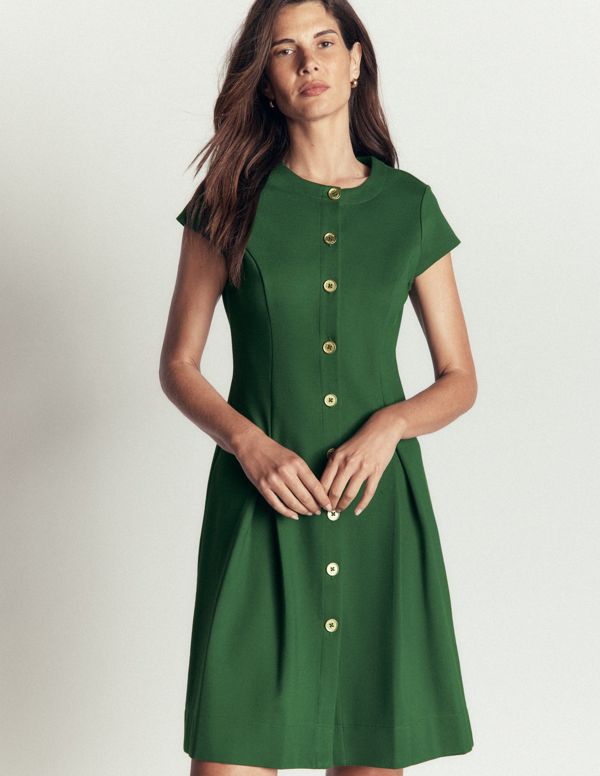 Short Pleated Button Dress-Hunter Green-1