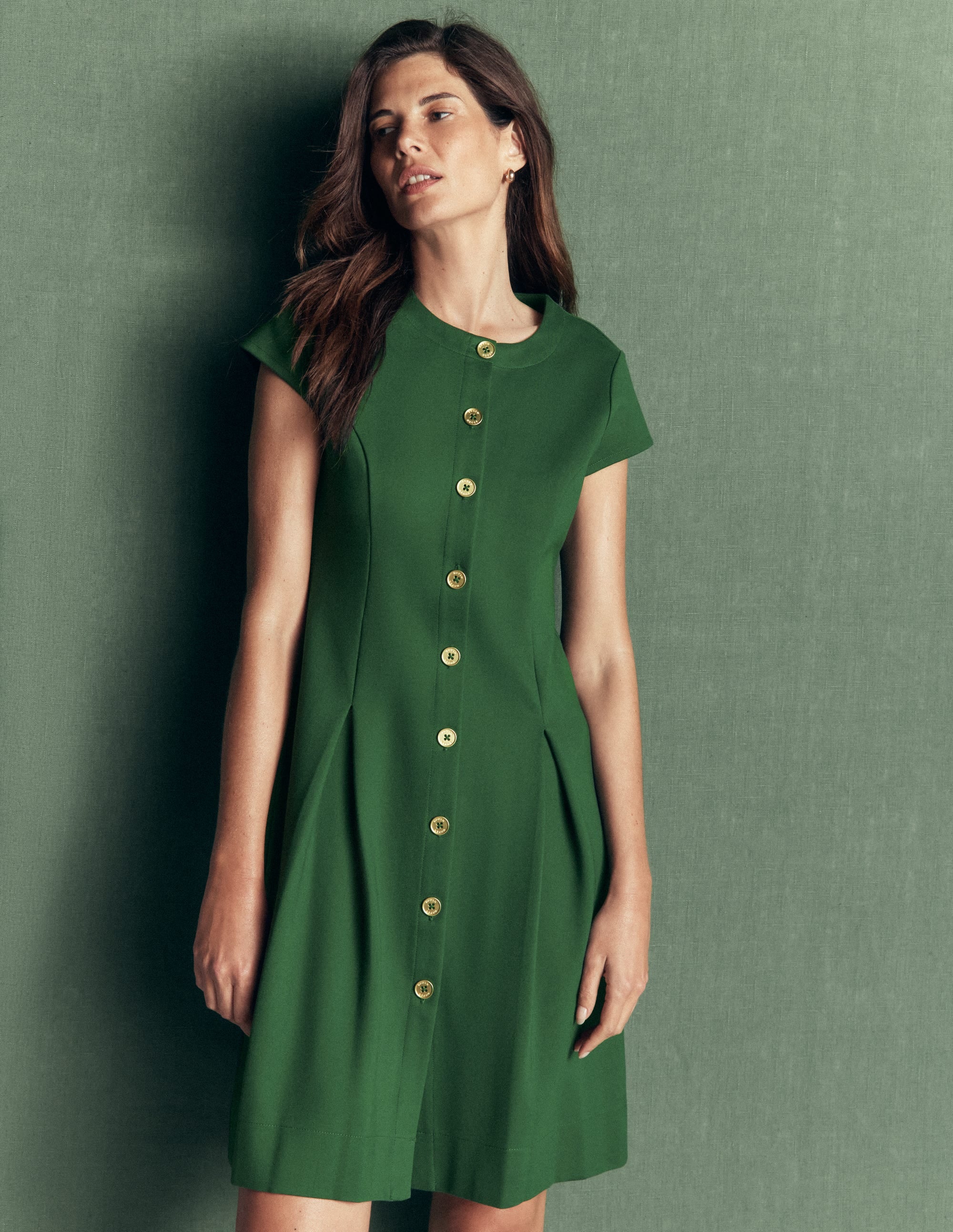 Short Pleated Button Dress-Hunter Green - Image 2