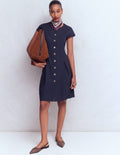 Short Pleated Button Dress-Navy
