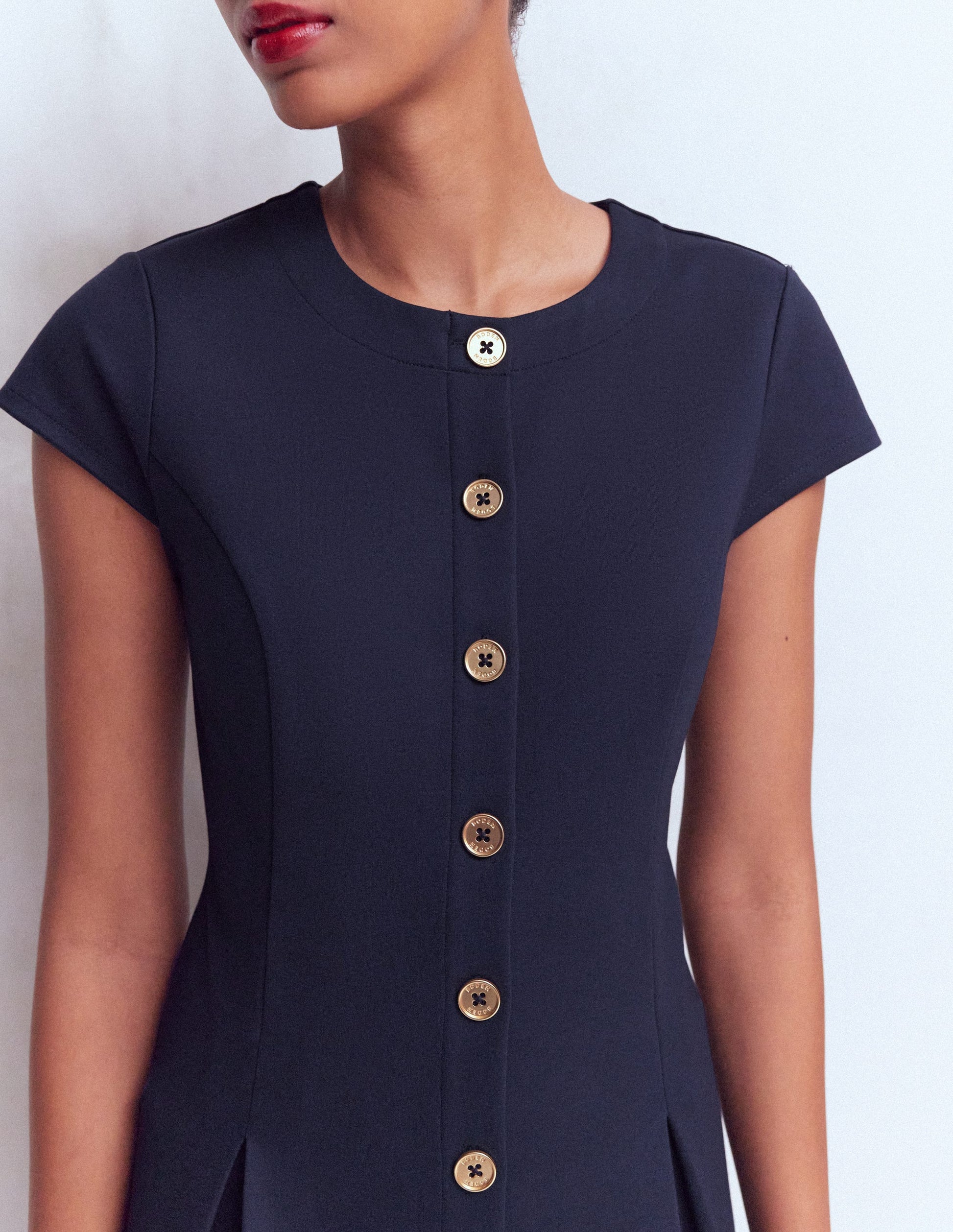 Short Pleated Button Dress-Navy-2