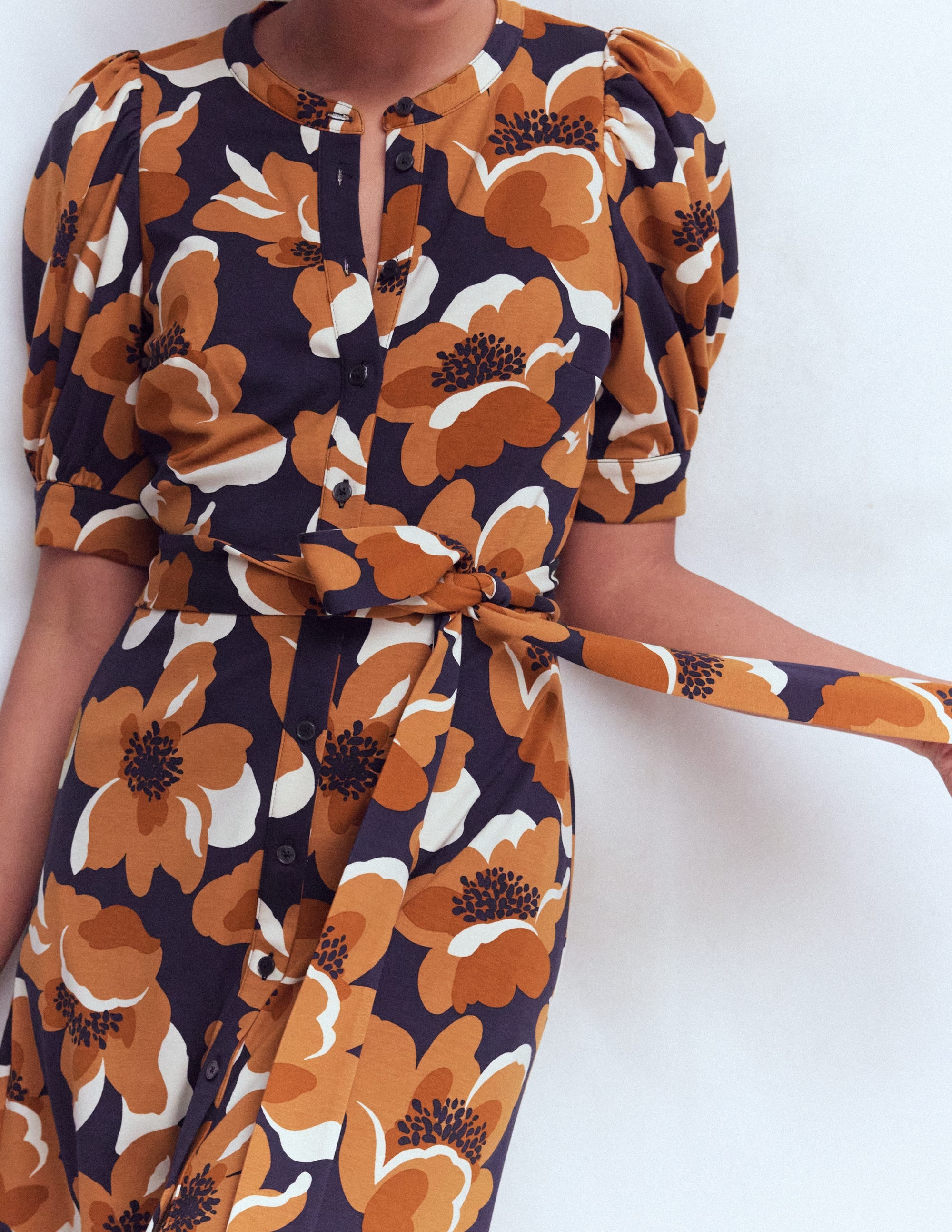 Puff Sleeve Ponte Shirt Dress-French Navy, Flowering Garden - Image 2