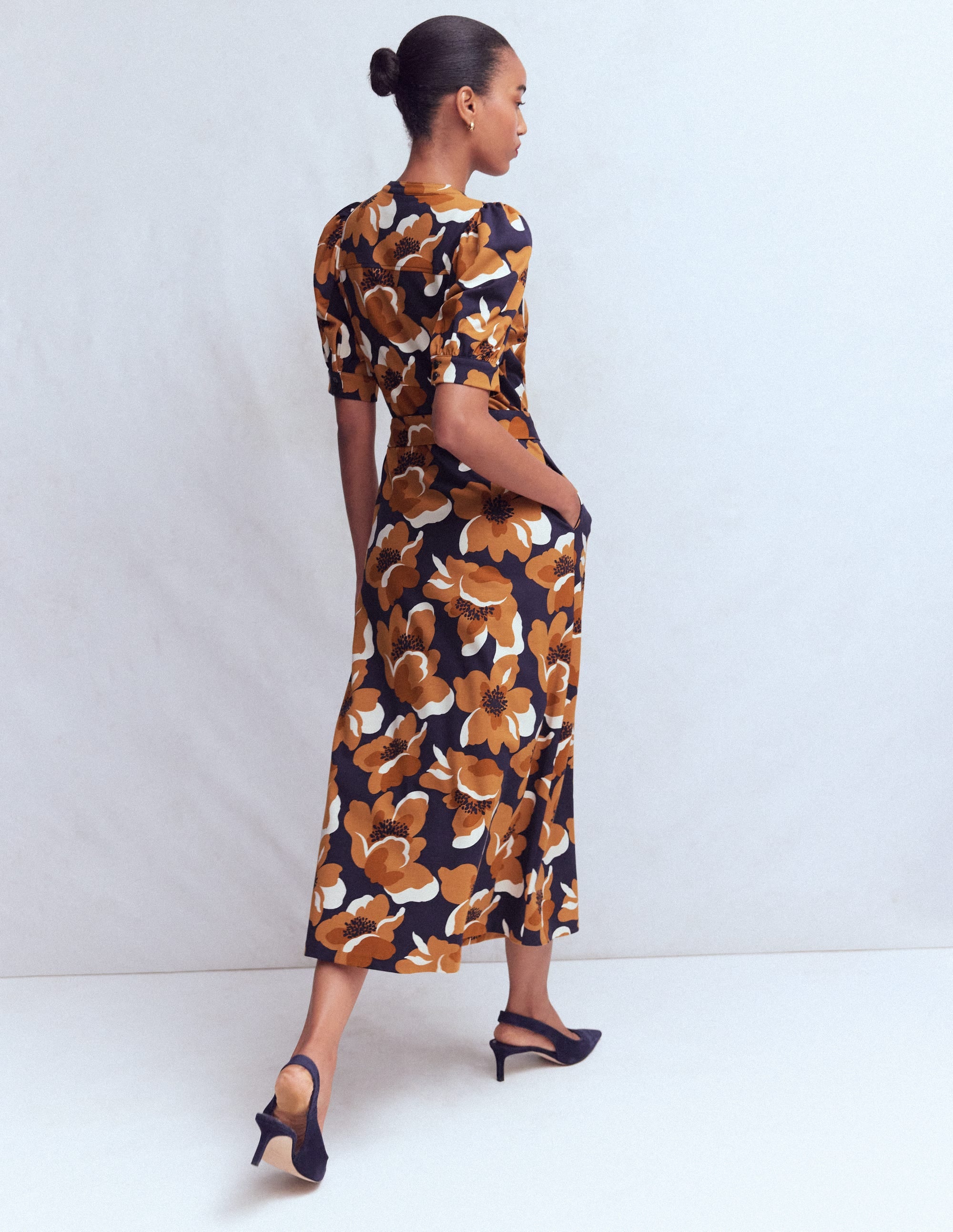 Puff Sleeve Ponte Shirt Dress-French Navy, Flowering Garden - Image 3
