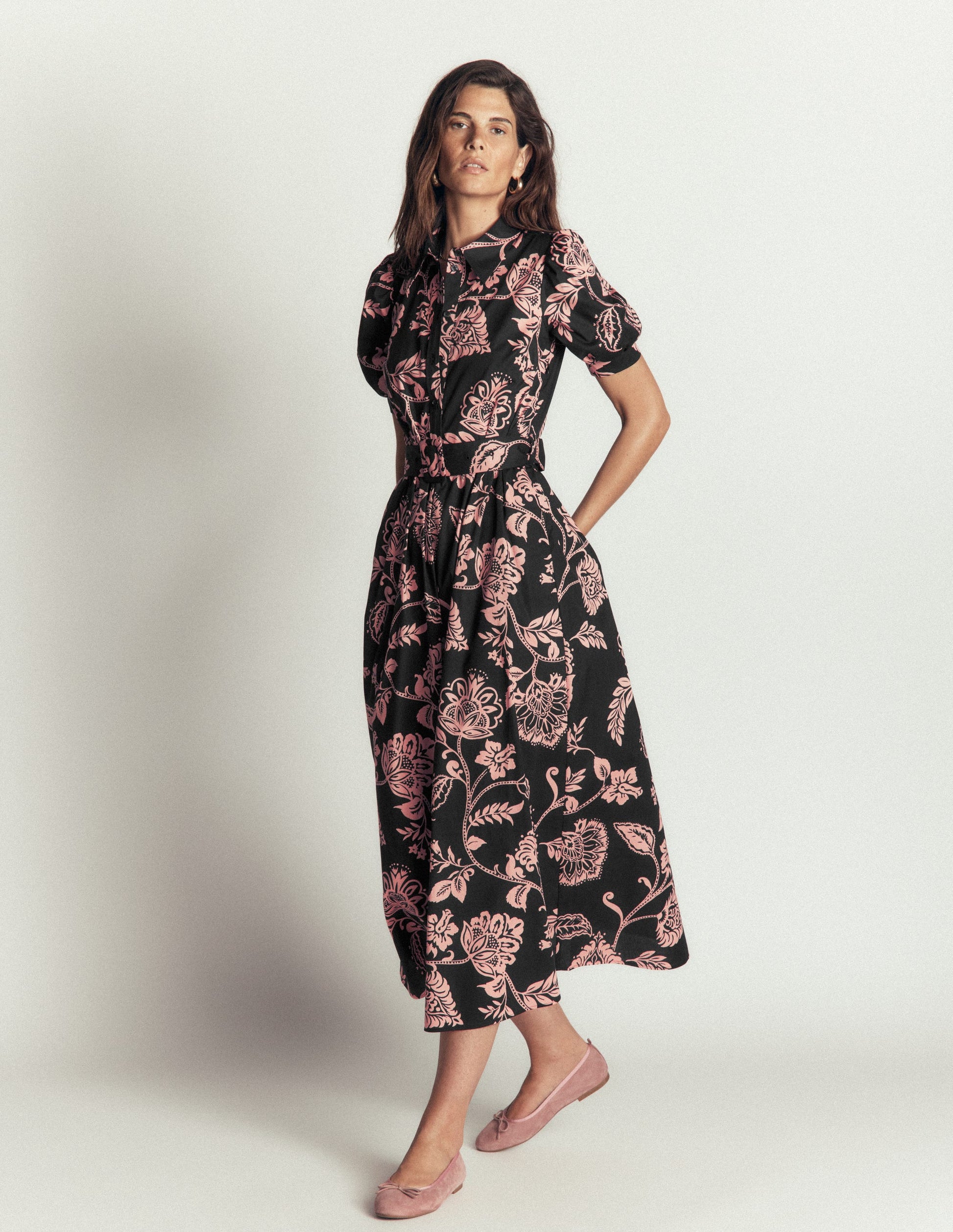 Belted Cotton Midi Dress-Black, Planted Meadows-1
