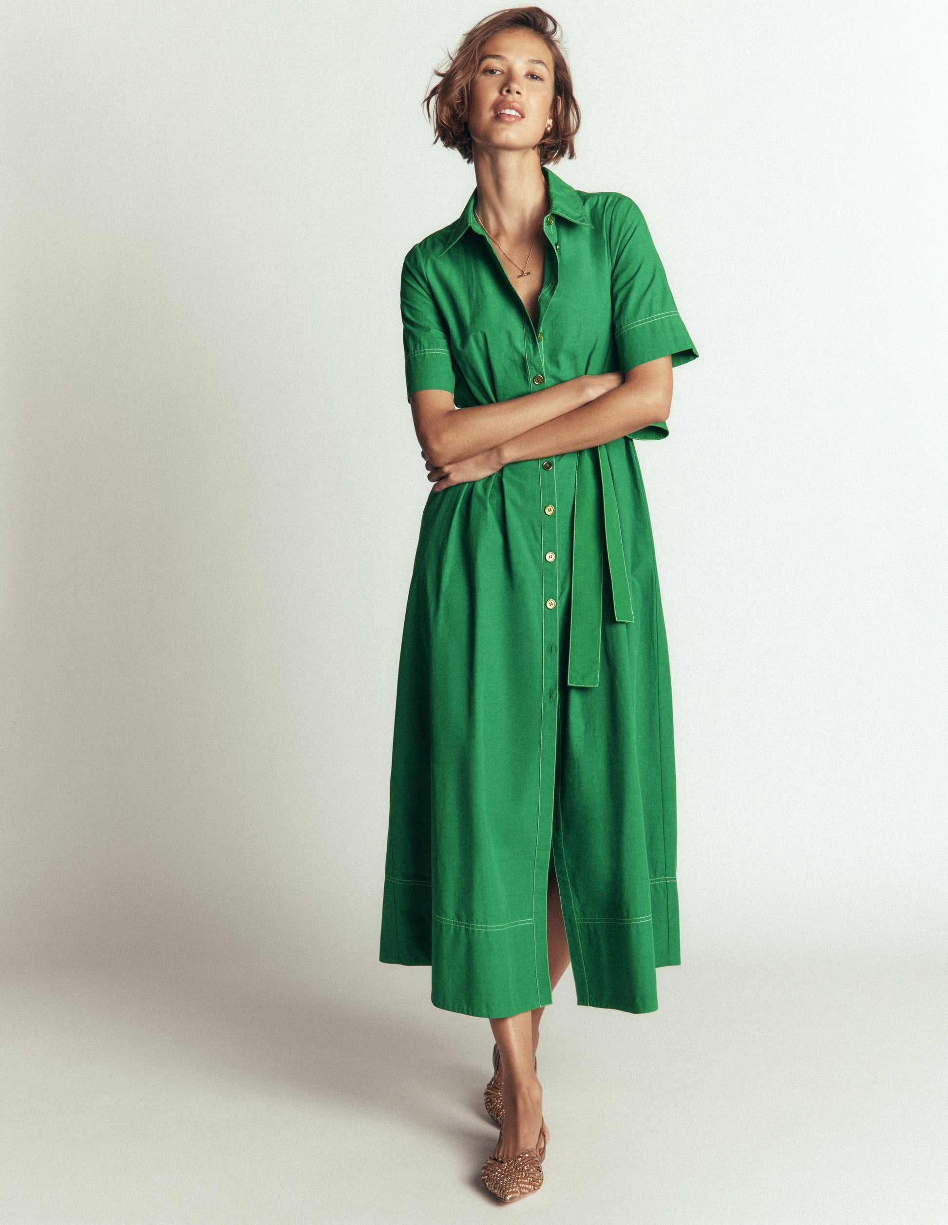 Sarah Cotton Midi Shirt Dress-Fresh Green-4