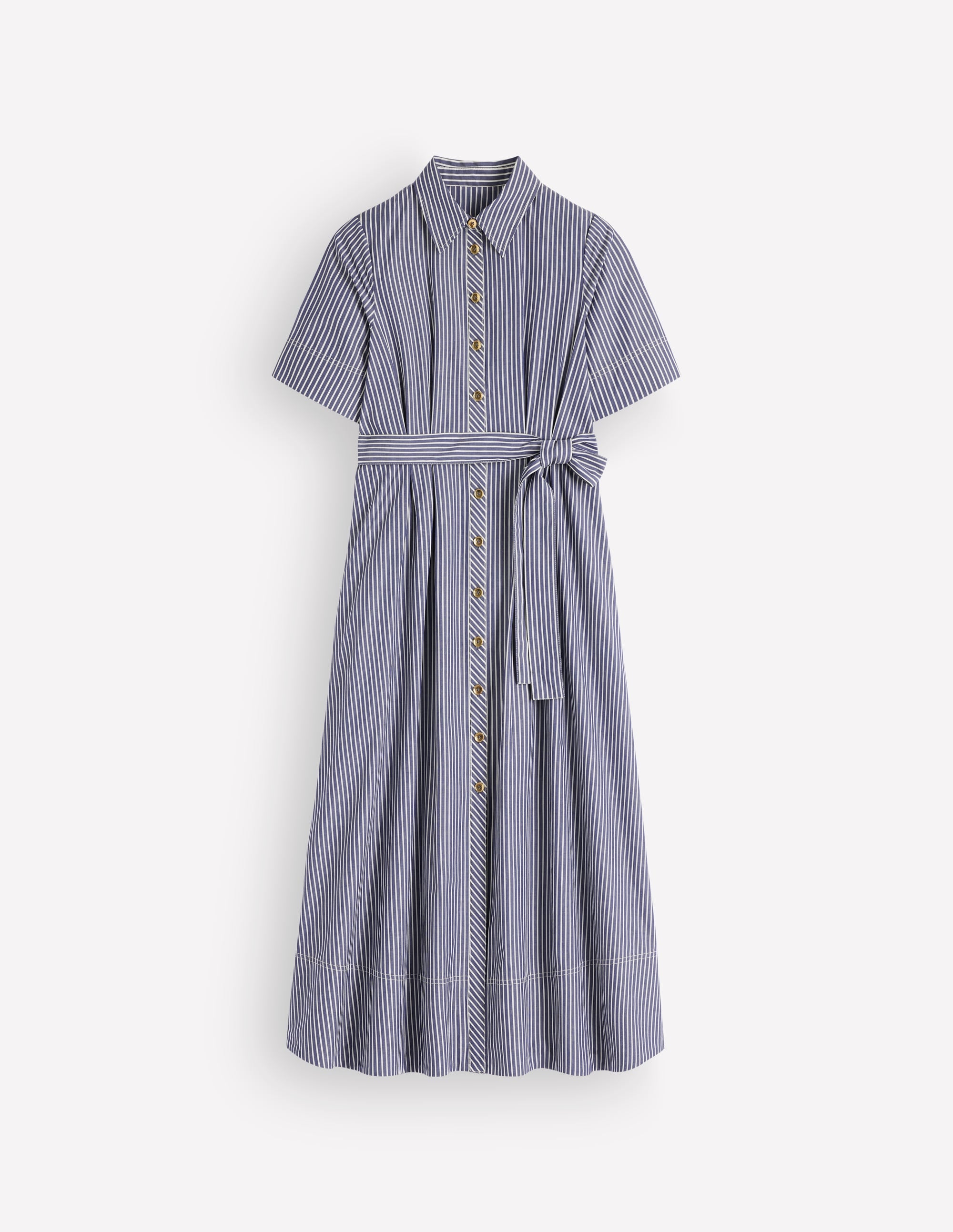 Sarah Cotton Midi Shirt Dress-Navy Ivory Fine Stripe - Image 5