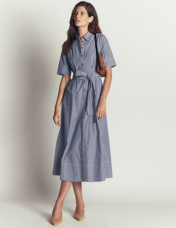 Sarah Cotton Midi Shirt Dress-Navy Ivory Fine Stripe