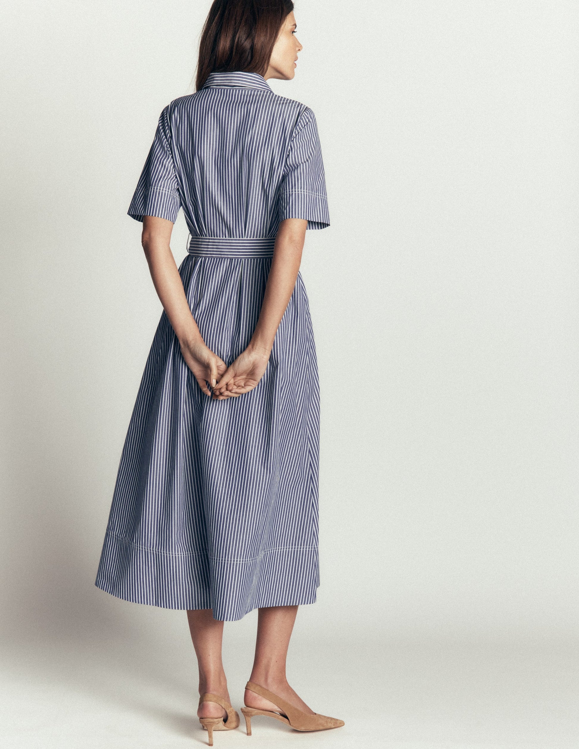 Sarah Cotton Midi Shirt Dress-Navy Ivory Fine Stripe-3