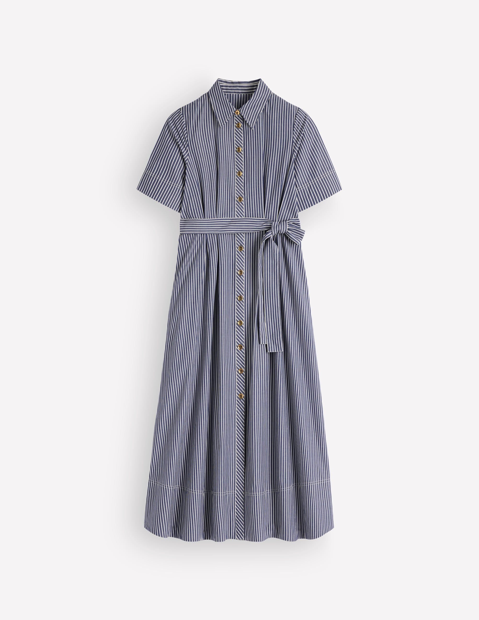 Sarah Cotton Midi Shirt Dress-Navy Ivory Fine Stripe - Image 5