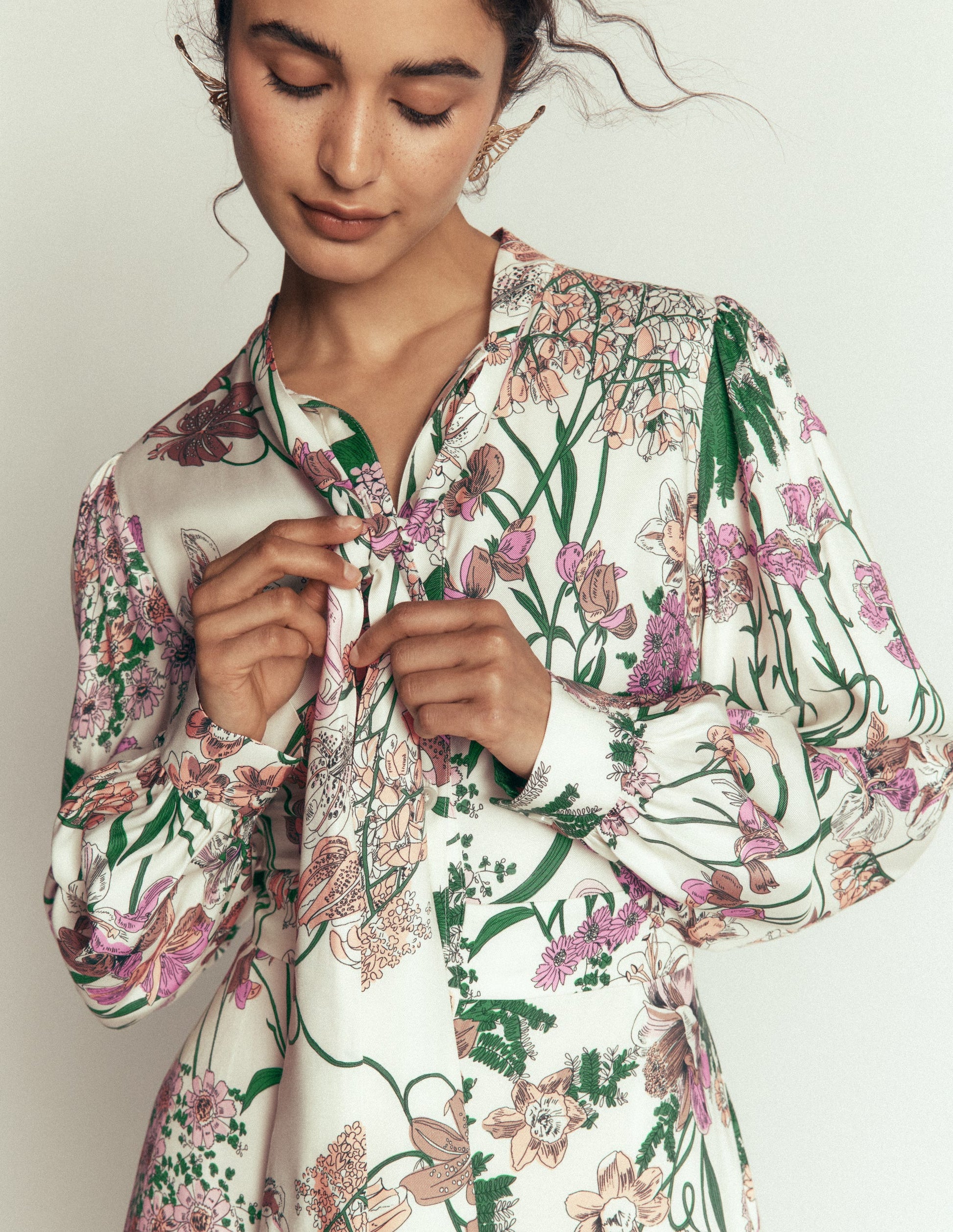 Bow Detail Shirt Dress-Ivory, Whimsical Flora-2