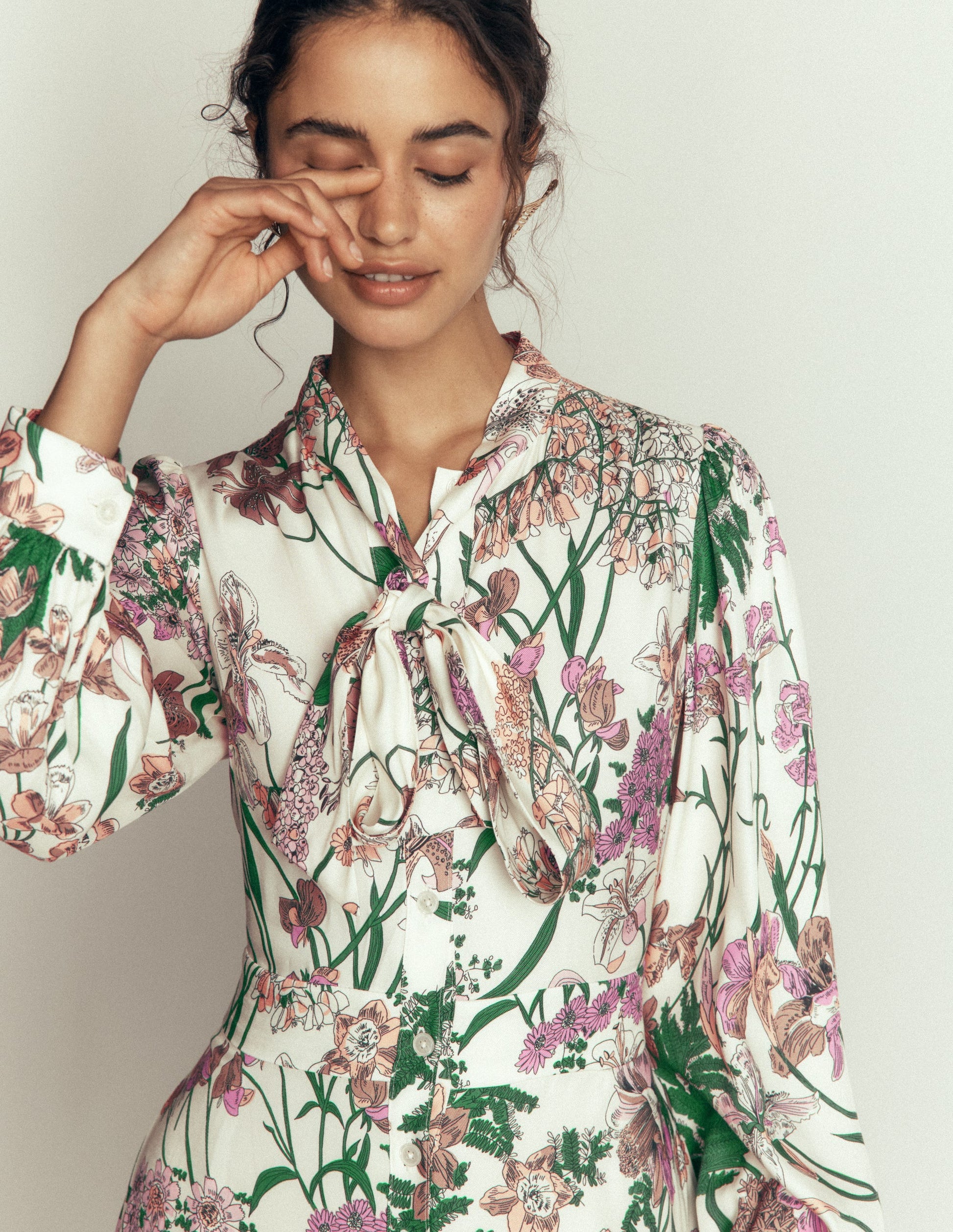 Bow Detail Shirt Dress-Ivory, Whimsical Flora-4