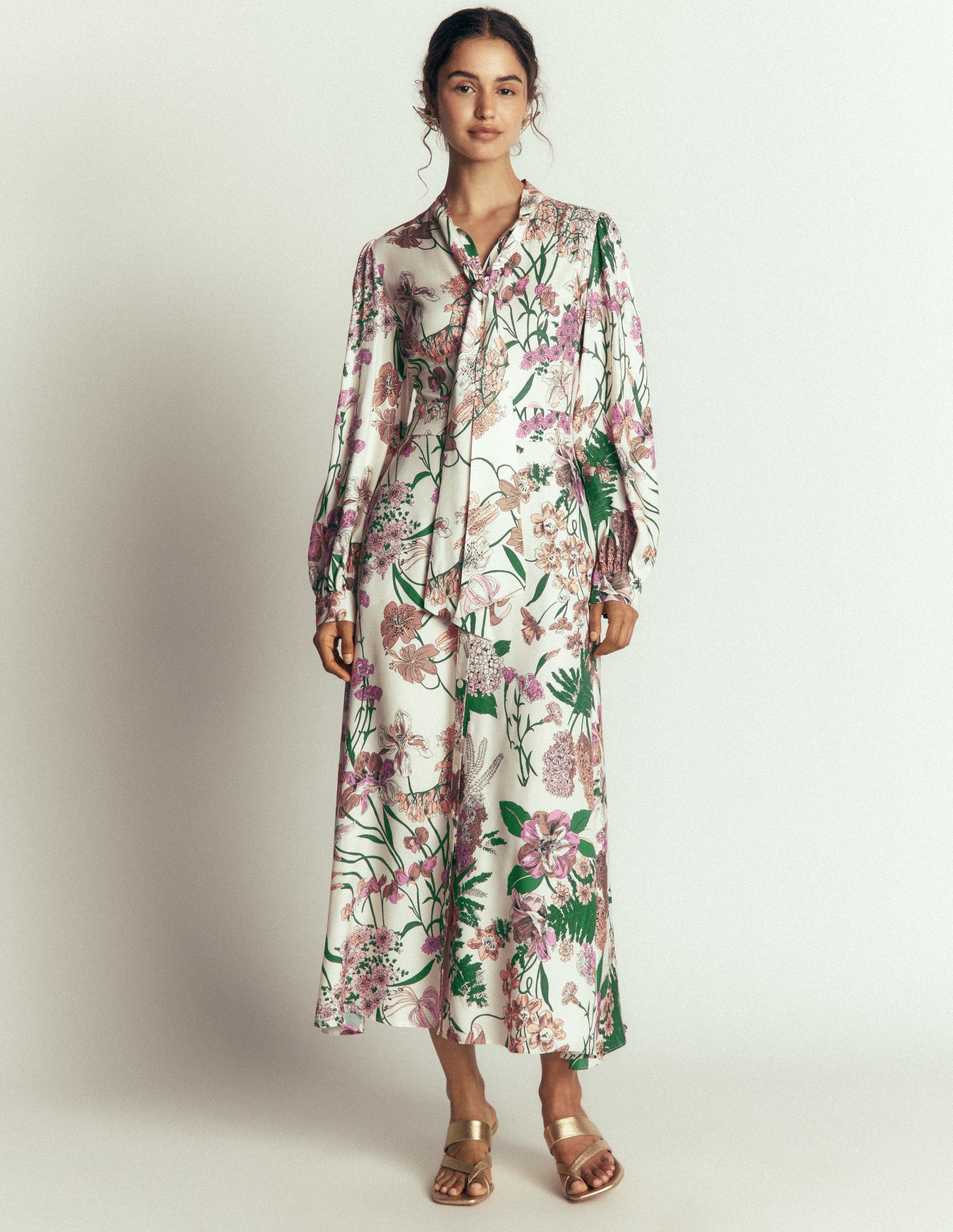 Bow Detail Shirt Dress-Ivory, Whimsical Flora-6
