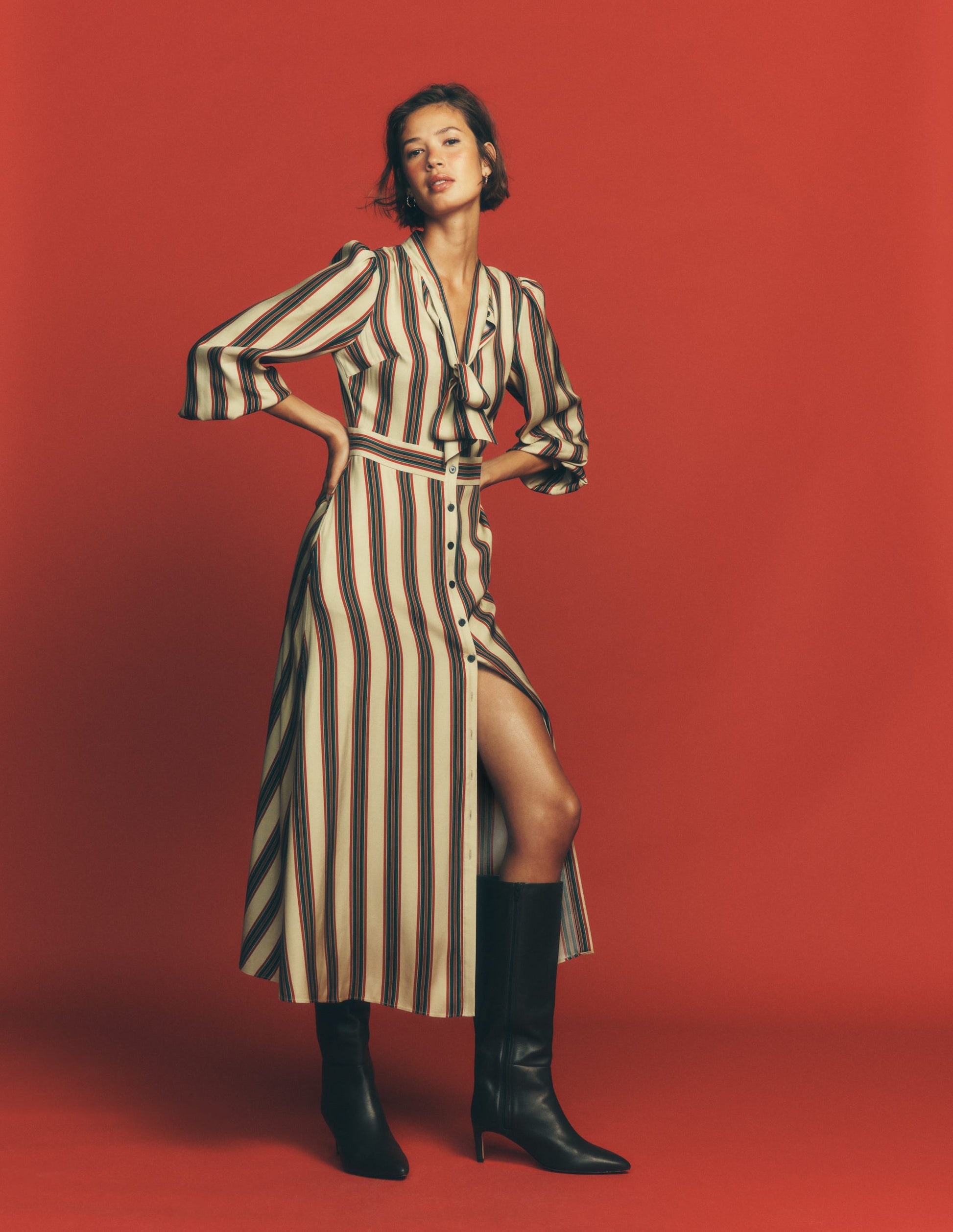 Bow Detail Shirt Dress-Multi, Collegic Stripe-1