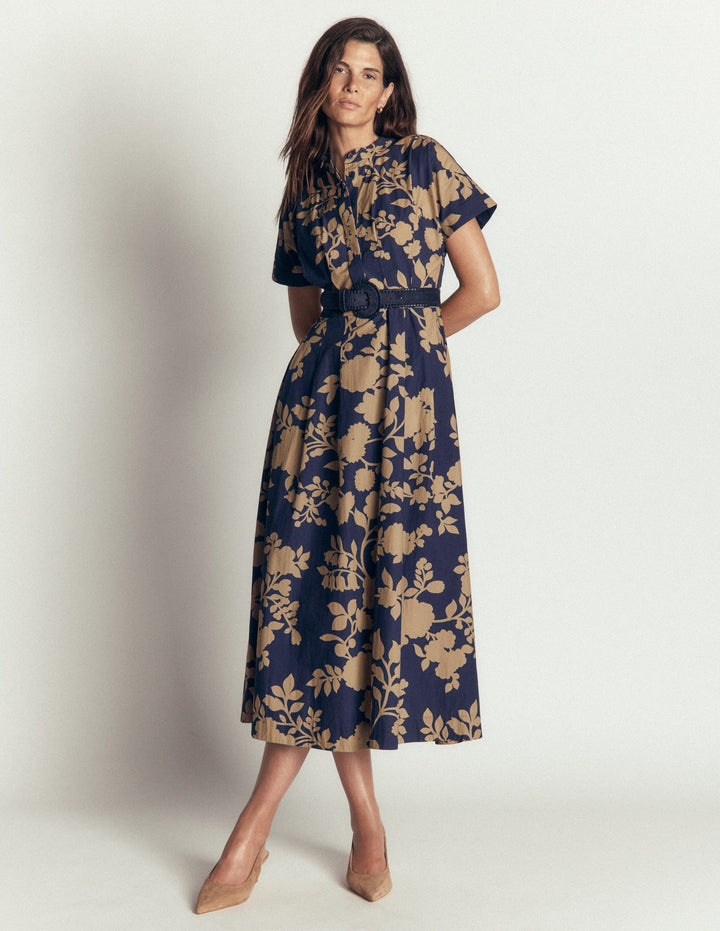Grown On Sleeve Midi Dress-French Navy, Bouquet Breeze