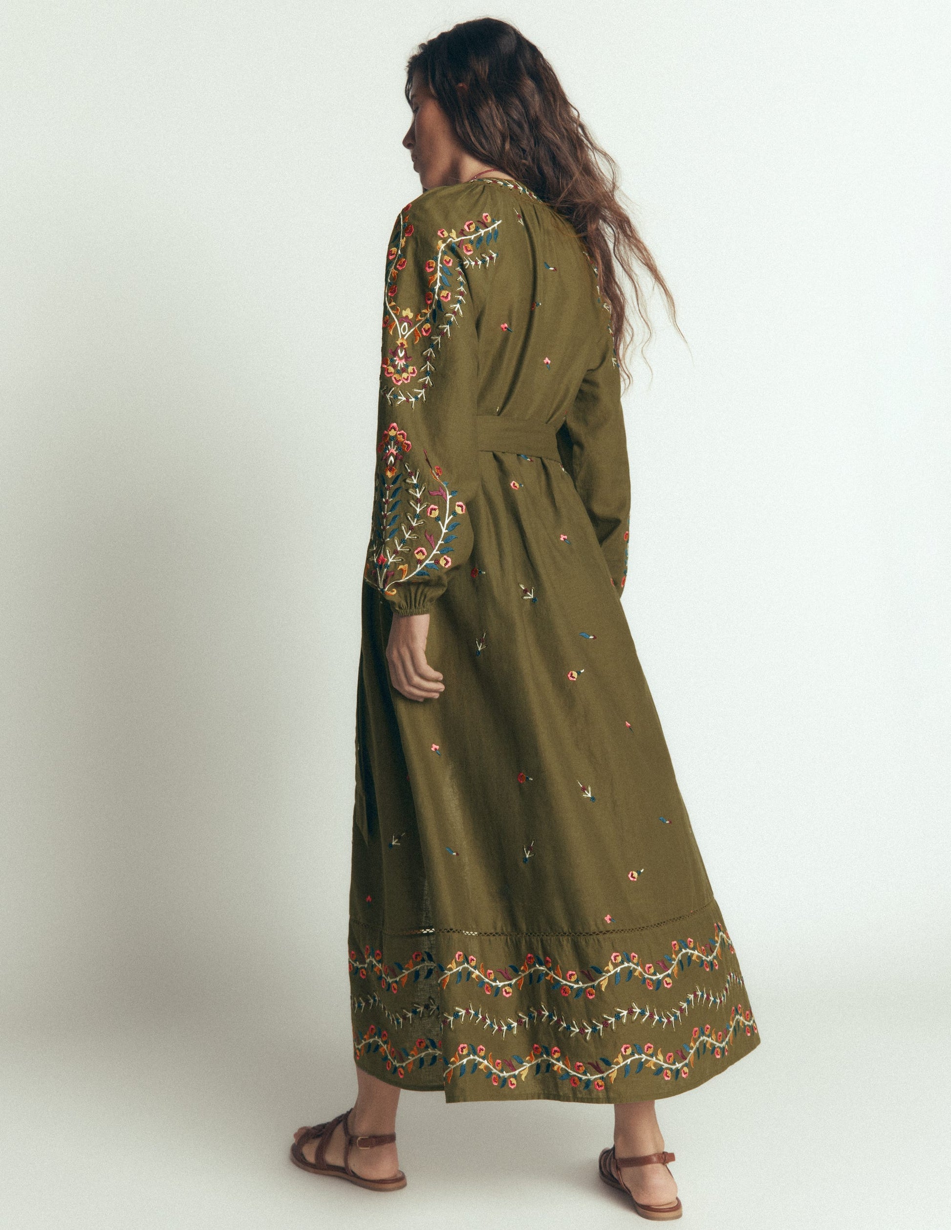 Embroidered Linen Dress-Woodland Green, Embroidery-3