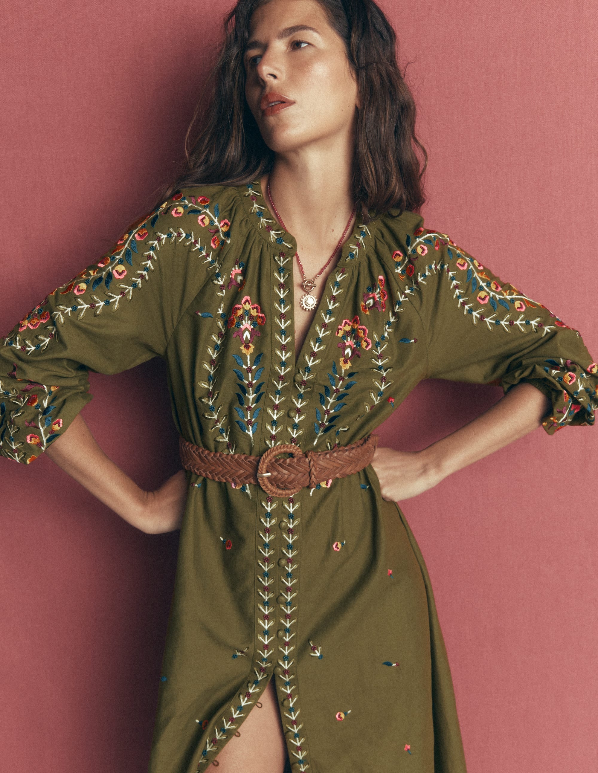 Embroidered Linen Dress-Woodland Green, Embroidery - Image 4
