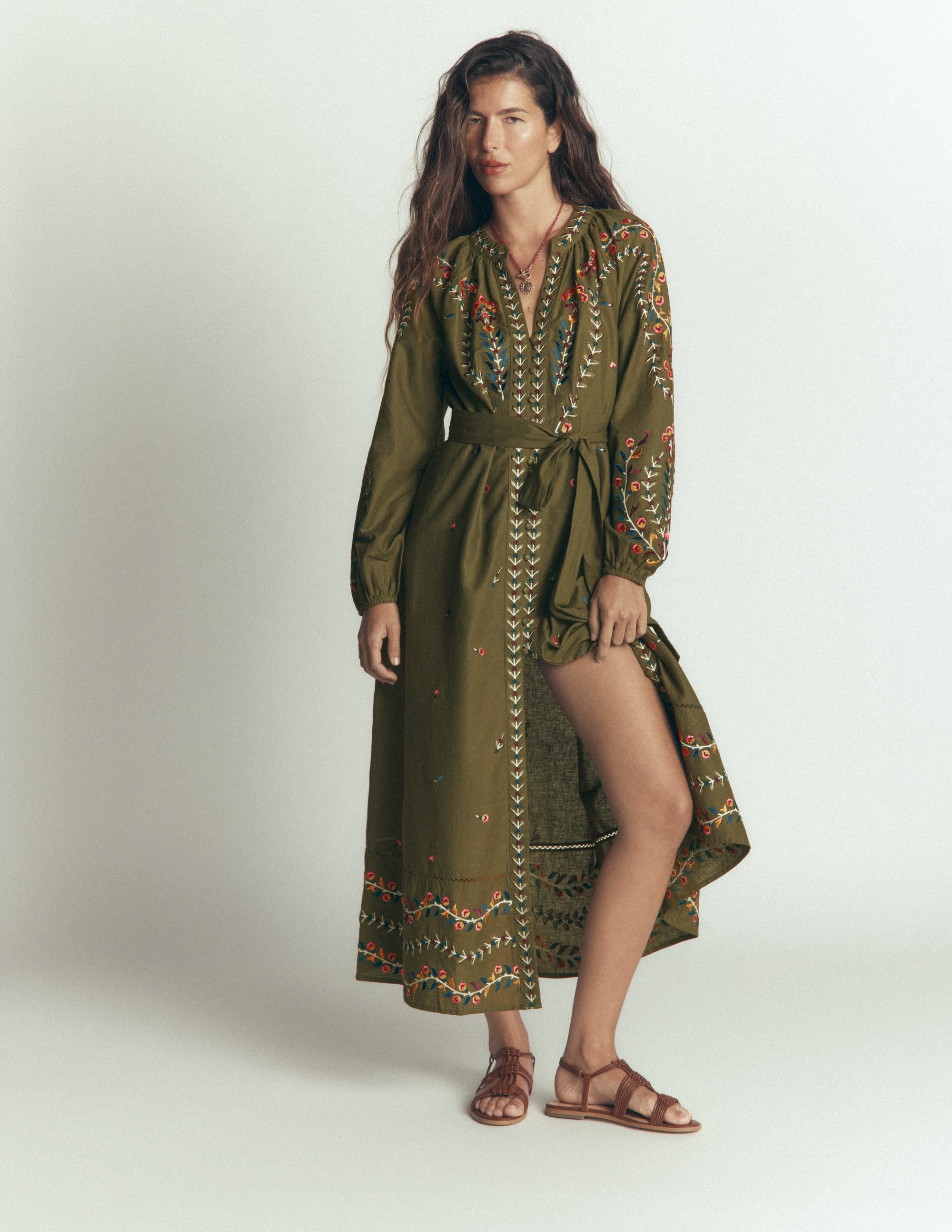 Embroidered Linen Dress-Woodland Green, Embroidery - Image 5