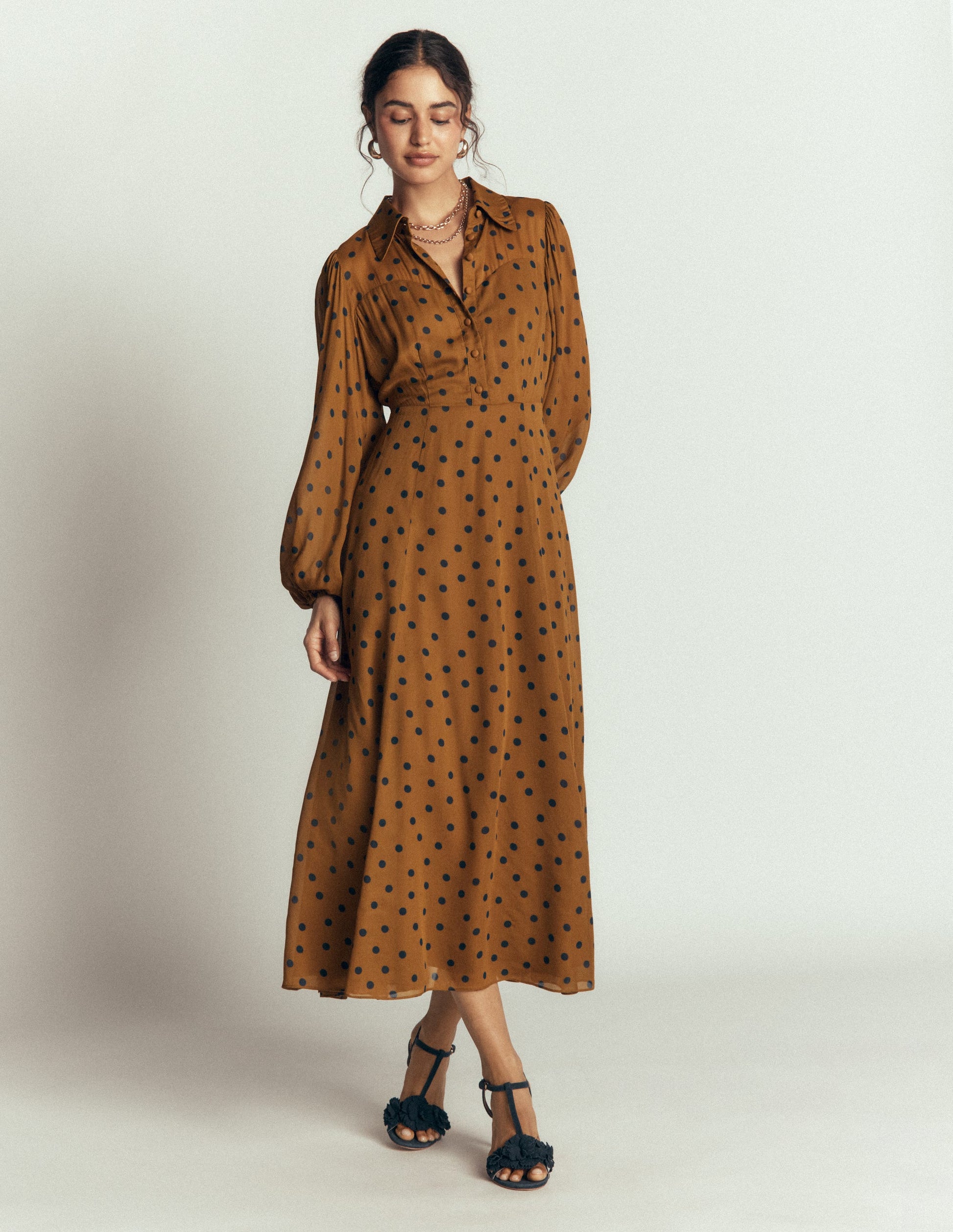 Sheer Yoke Shirt Dress-Rubber and Navy, Painted Dot-7