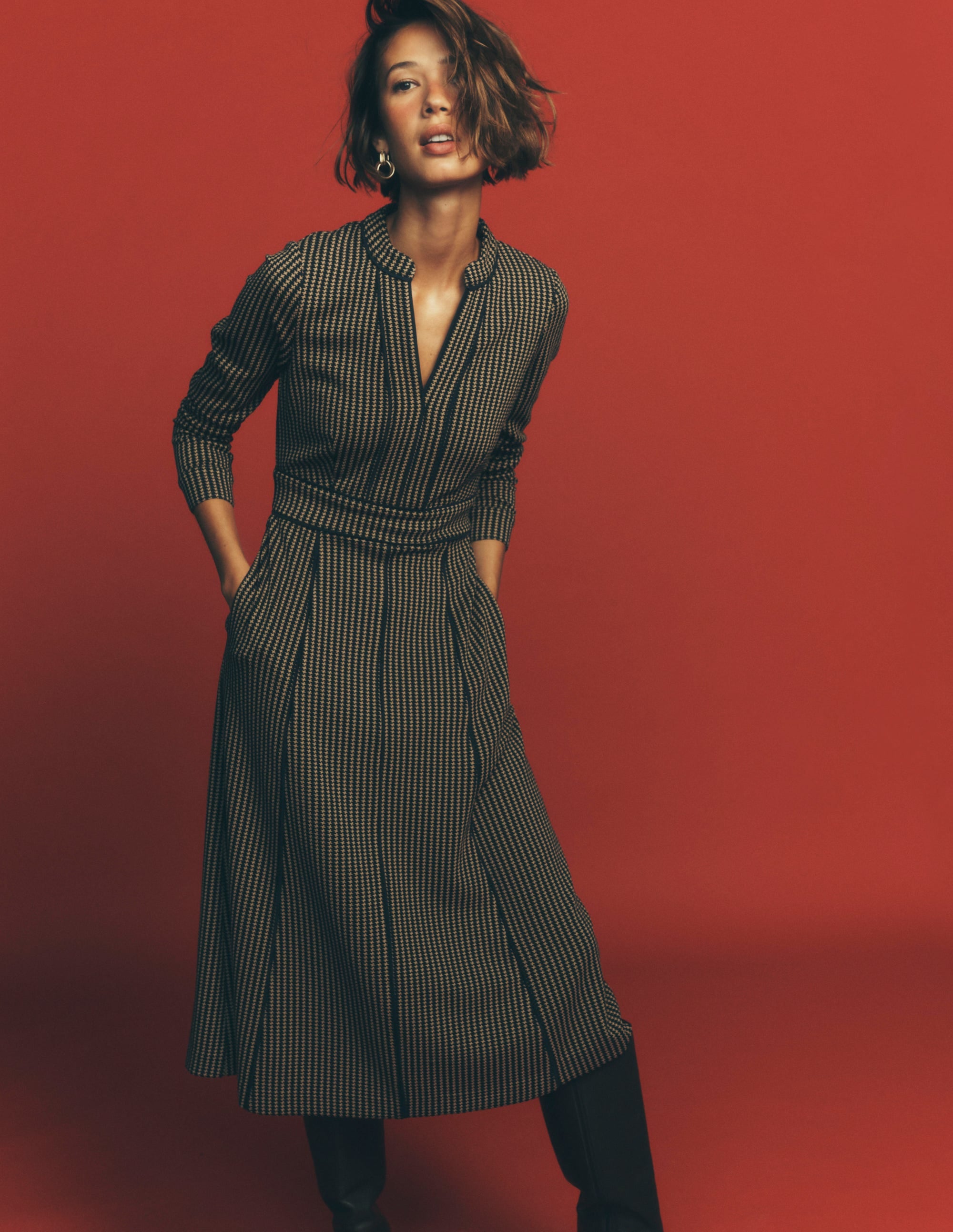 Alex Ponte Contrast Midi Dress-Navy/Camel Texture - Image 1