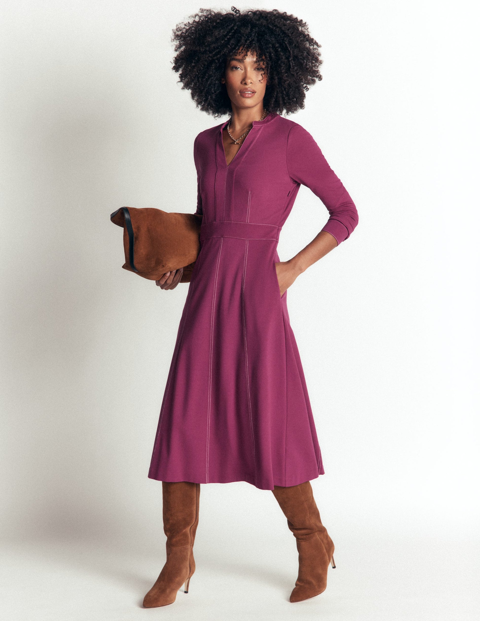 Alex Ponte Contrast Midi Dress-Raspberry Coulis-4