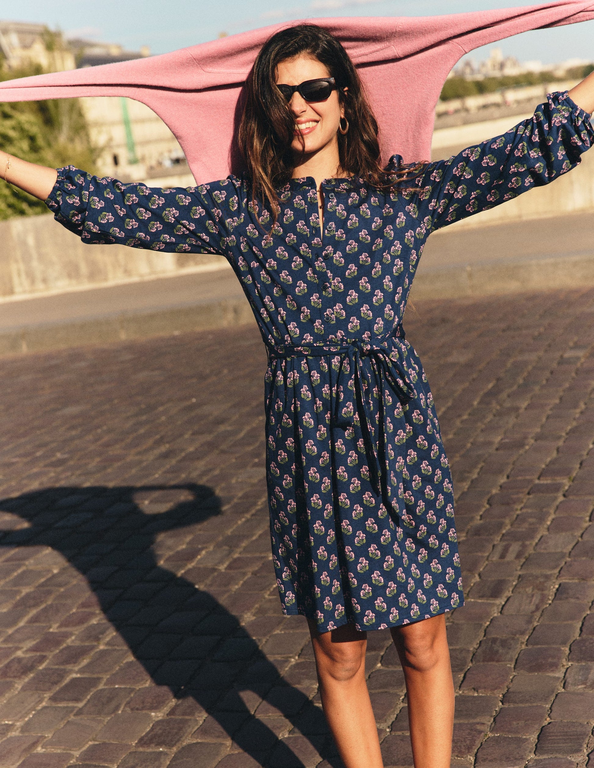 Adele Belted Jersey Dress-College Navy, Ditsy Carnation-1