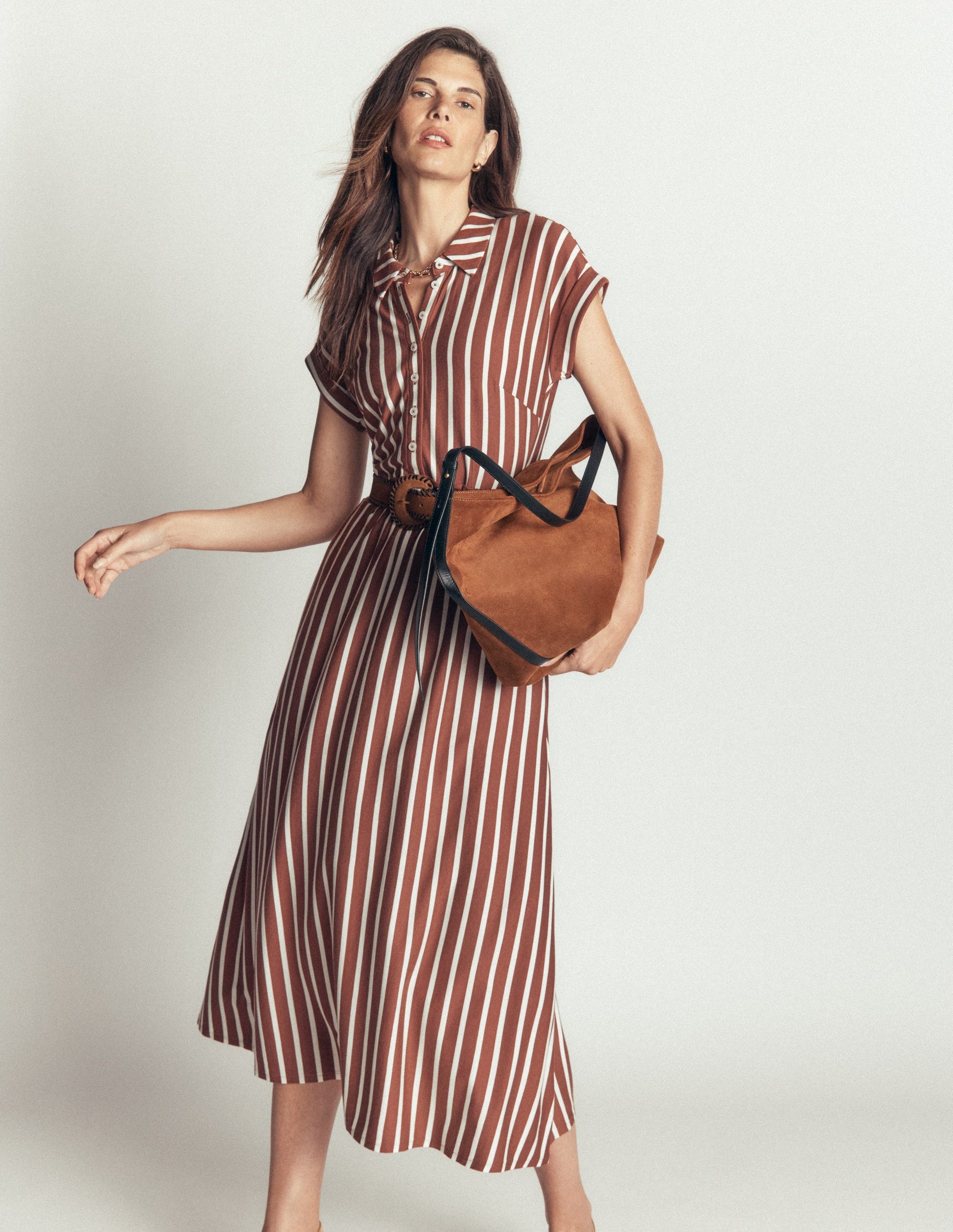 Fae Jersey Shirt Dress-Brown Stripe-2