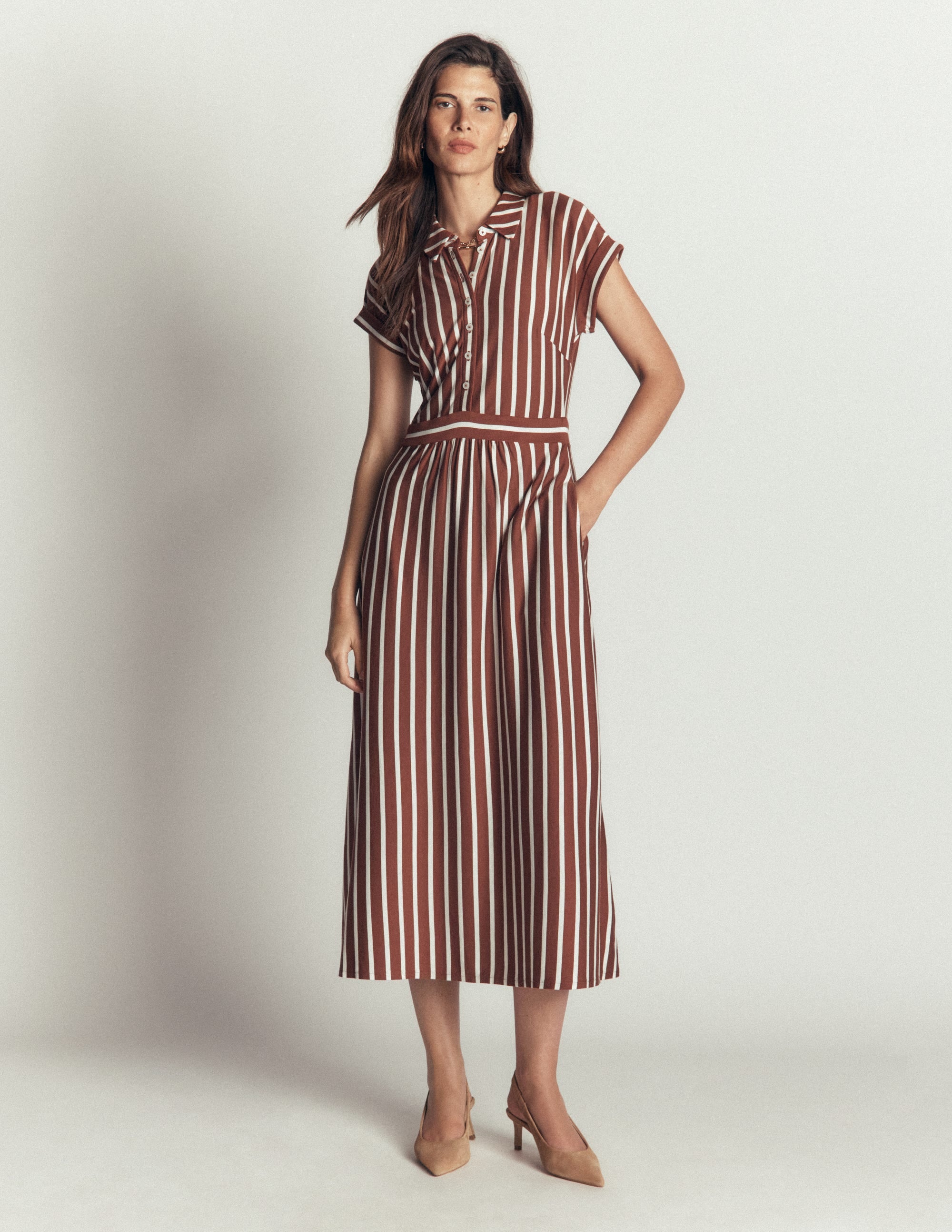 Fae Jersey Shirt Dress-Brown Stripe - Image 4