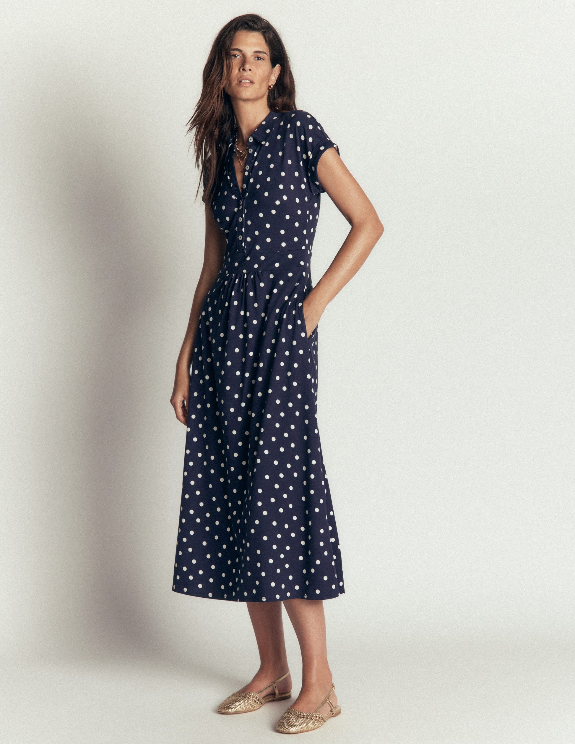 Fae Jersey Shirt Dress-Navy, Painted Dot Spaced-1