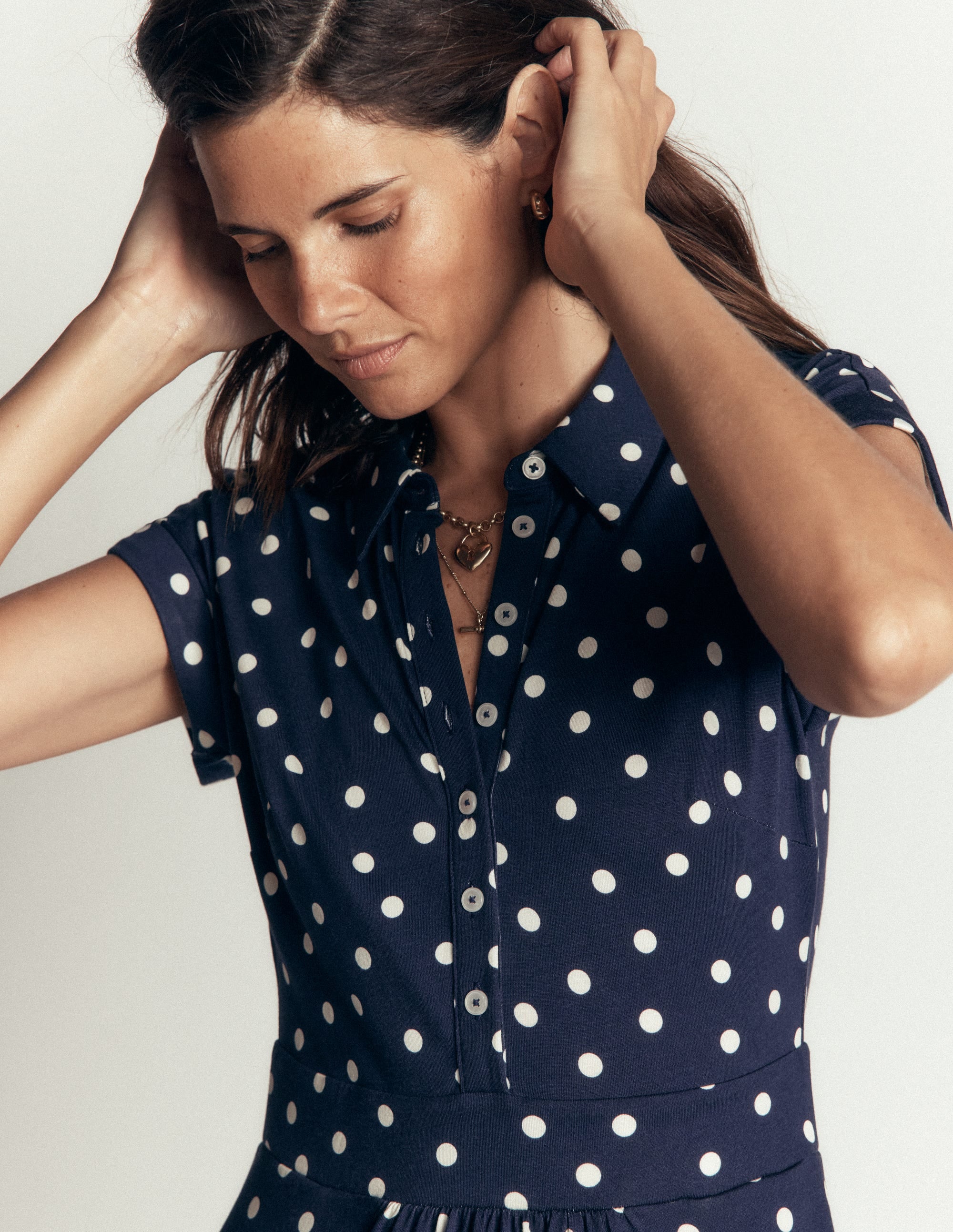 Fae Jersey Shirt Dress-Navy, Painted Dot Spaced - Image 2