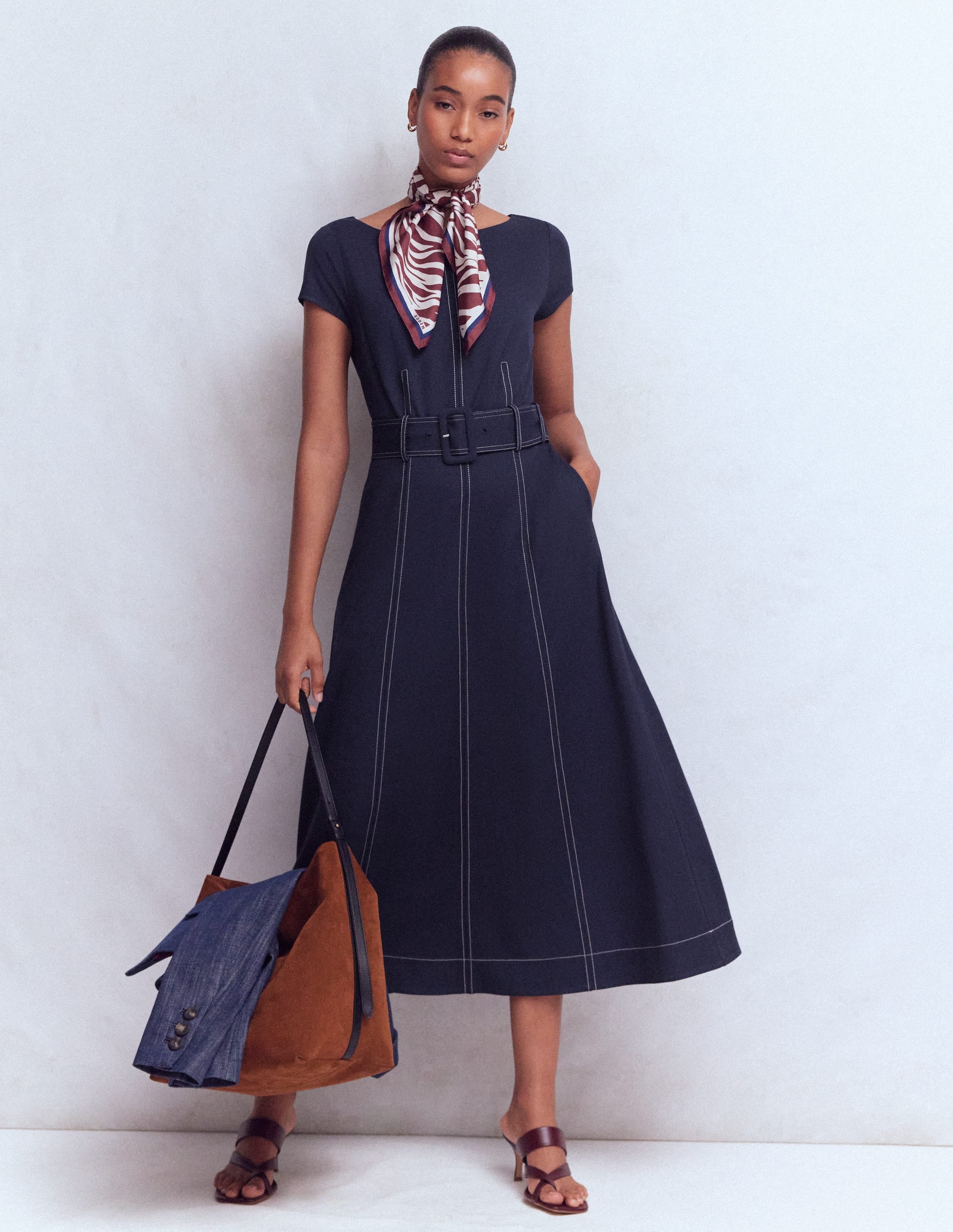 Topstitch Ponte Midi Dress-Navy - Image 1