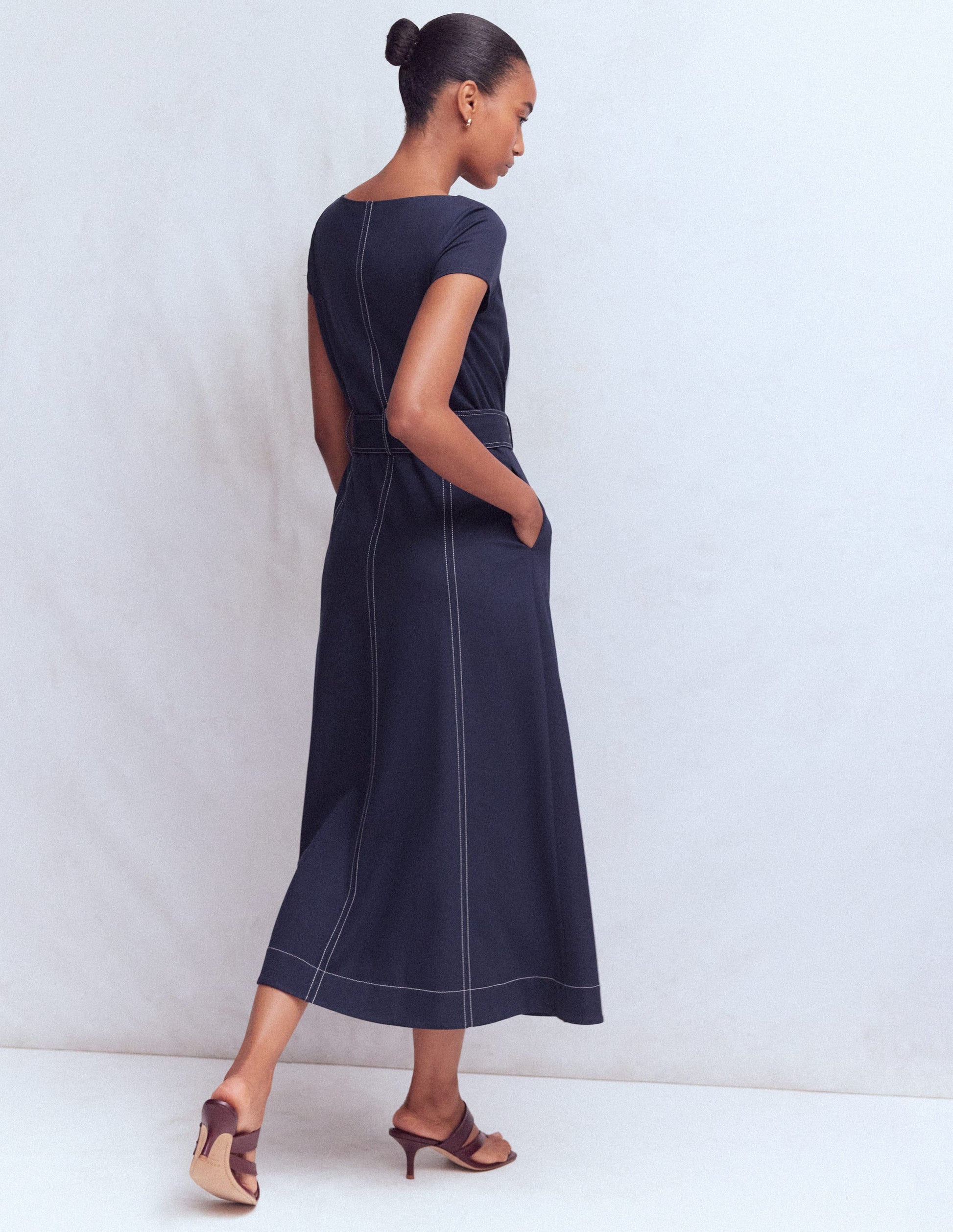 Topstitch Ponte Midi Dress-Navy-3