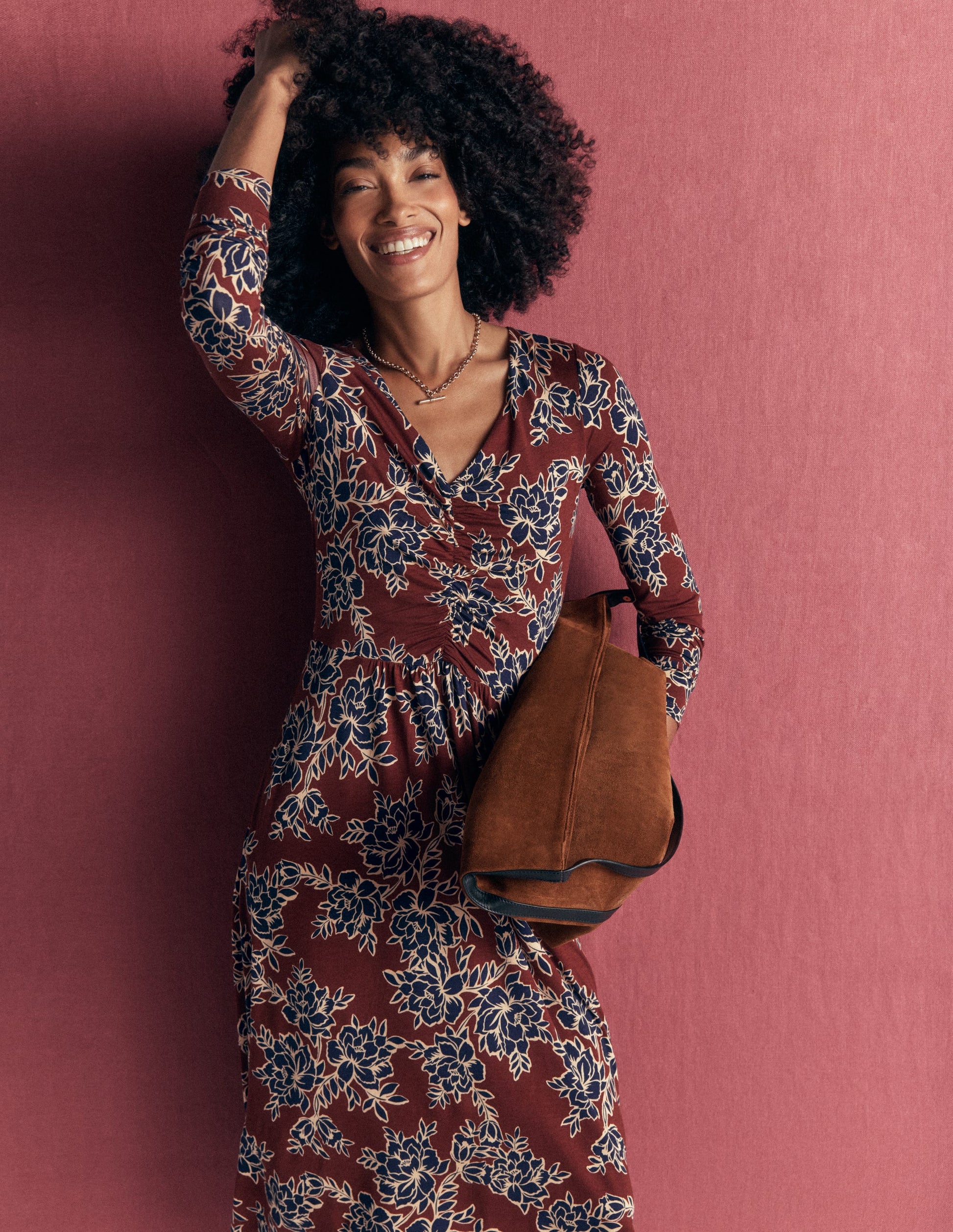 Jasmine Ruched Jersey Dress-Roasted Brown, Enchanted Peony-3